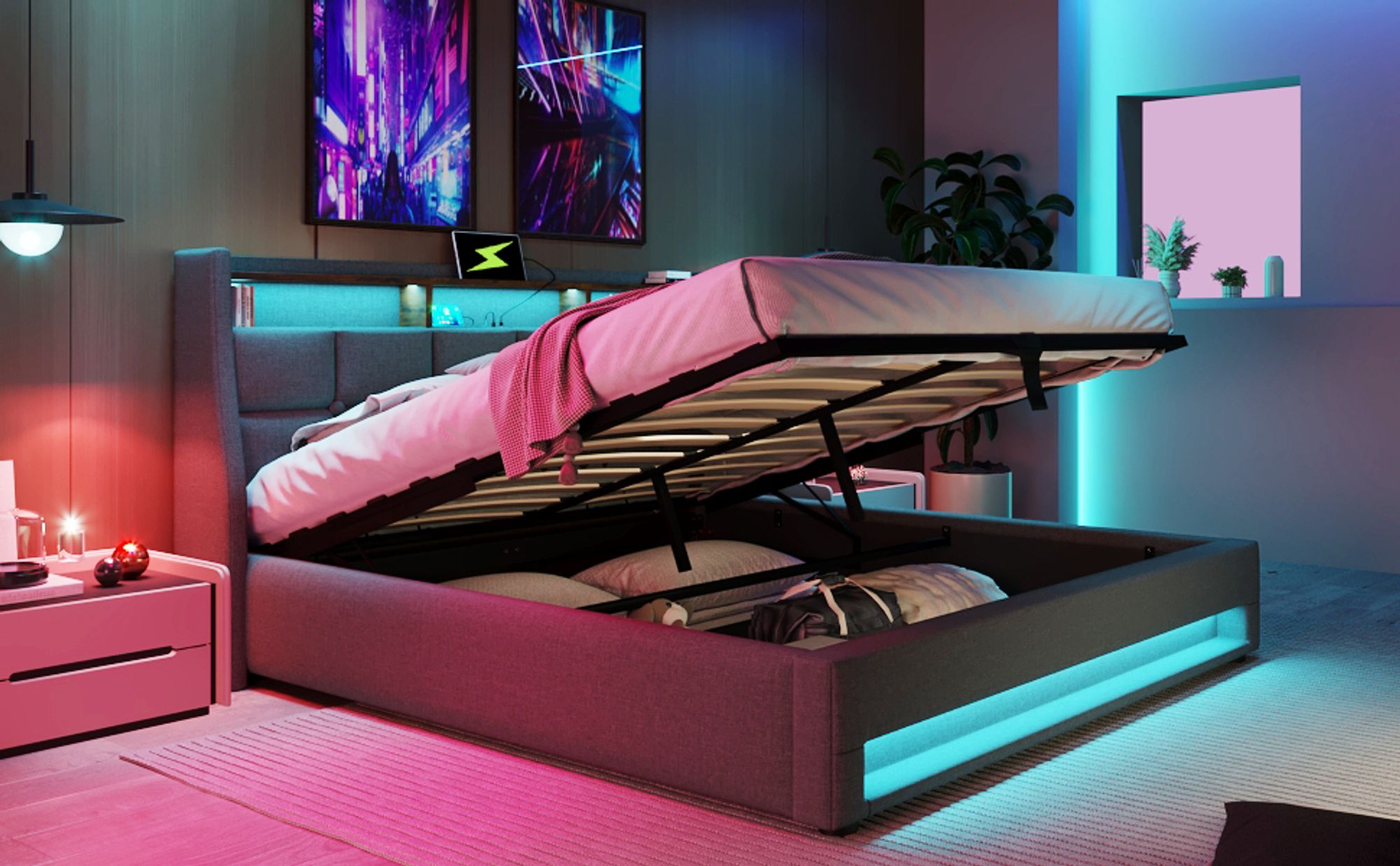 okwish Boxspringbett 160x200, USB Polsterbett, LED Doppelbett mit Bettkaste, Stauraum und Metallrahmen Lattenrost, Jugendbett (ohne Matratze) Grau