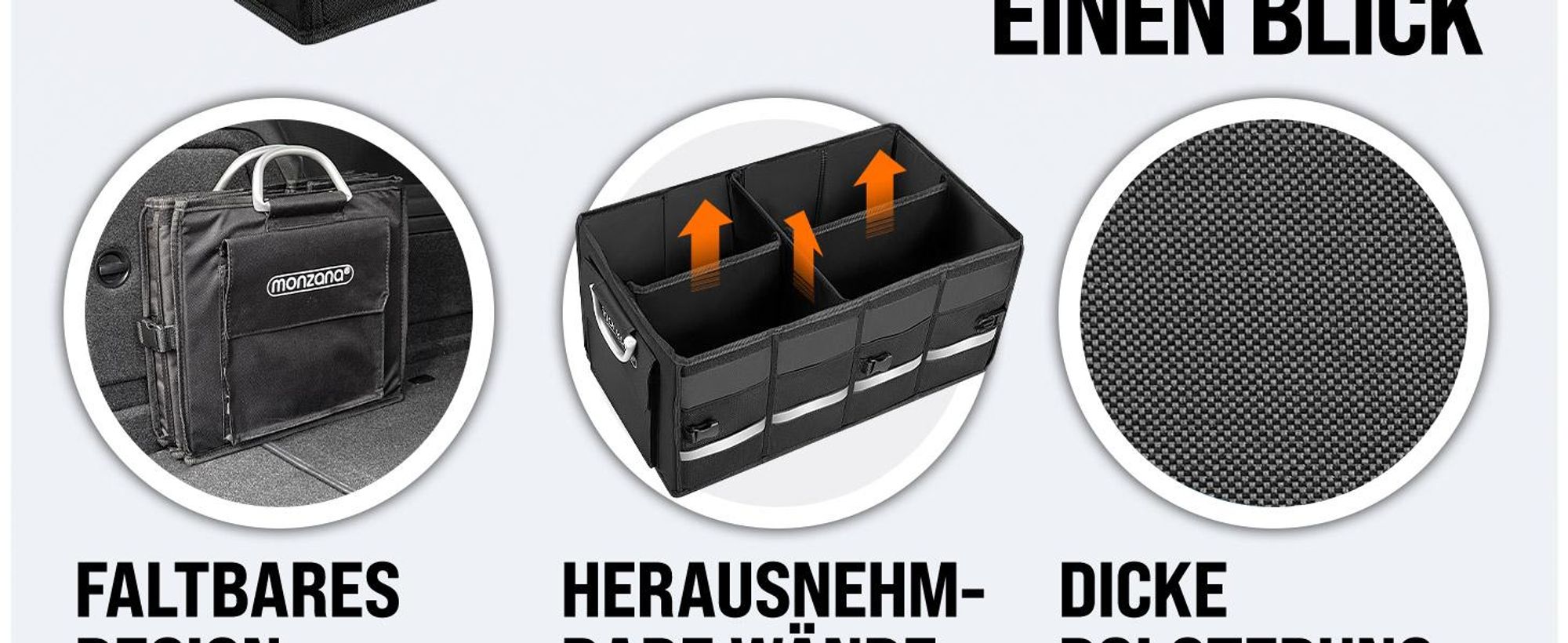 MONZANA® Kofferraum Organizer Deckel 68L Trennwände Wasserdicht Faltbar Verstärkte Wände Rutschfest Kofferraumtasche Kofferraumbox Autotasche Schwarz