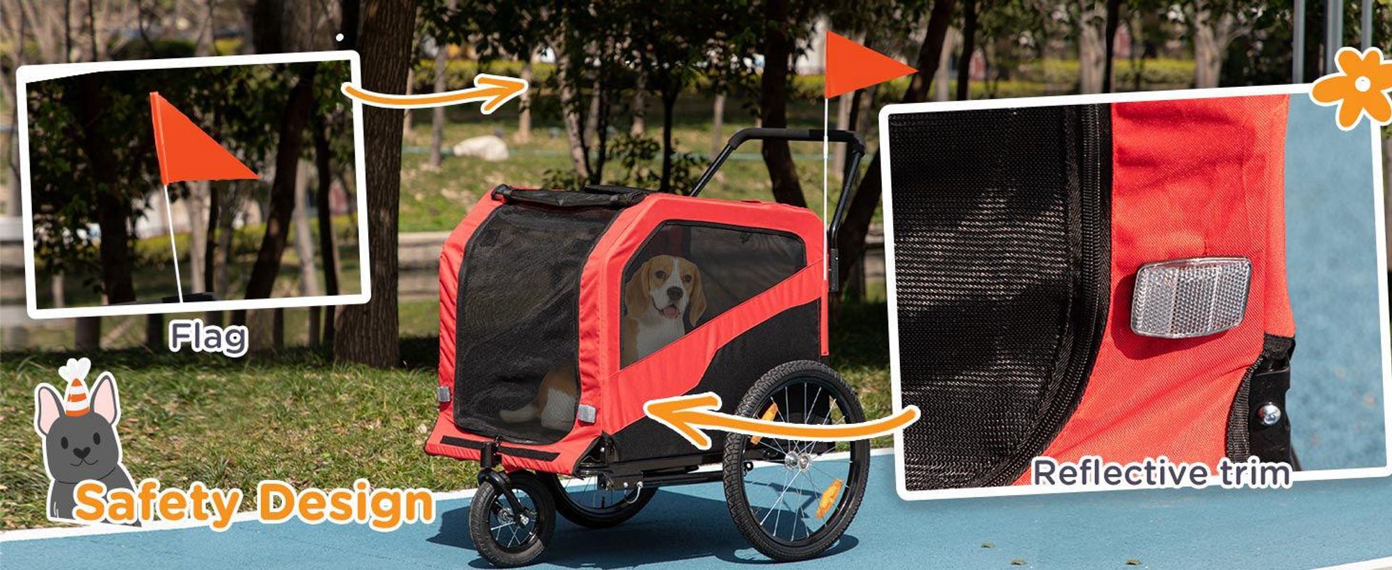 Przyczepka rowerowa dla psa PawHut 2 w 1, wózek dla psa z odblaskami, wózek dla psa o wadze maks. 30 kg, przyczepka rowerowa dla dużych psów, tkanina Oxford, kolor czerwony