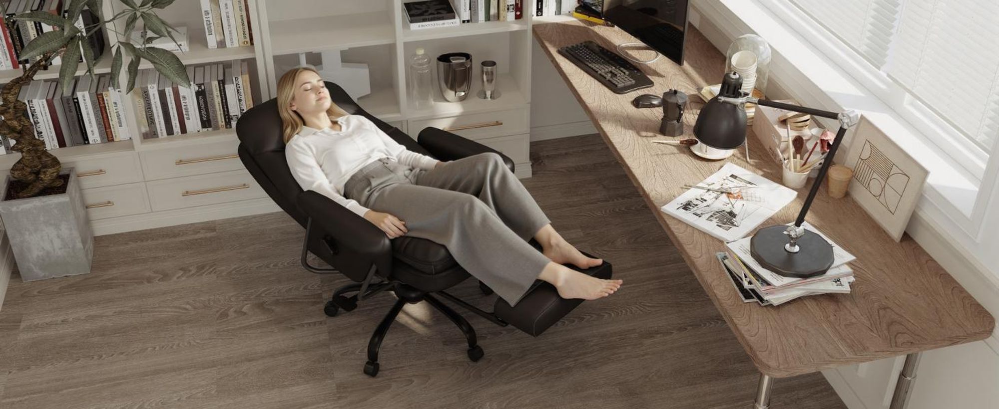 FLEXISPOT 3-in-1 Ergonomischer Bürostuhl mit 165° Liegefunktion, Ausziehbarer Fußstütze, Dickem Komfortpolster und Höhenverstellung (Schwarz)