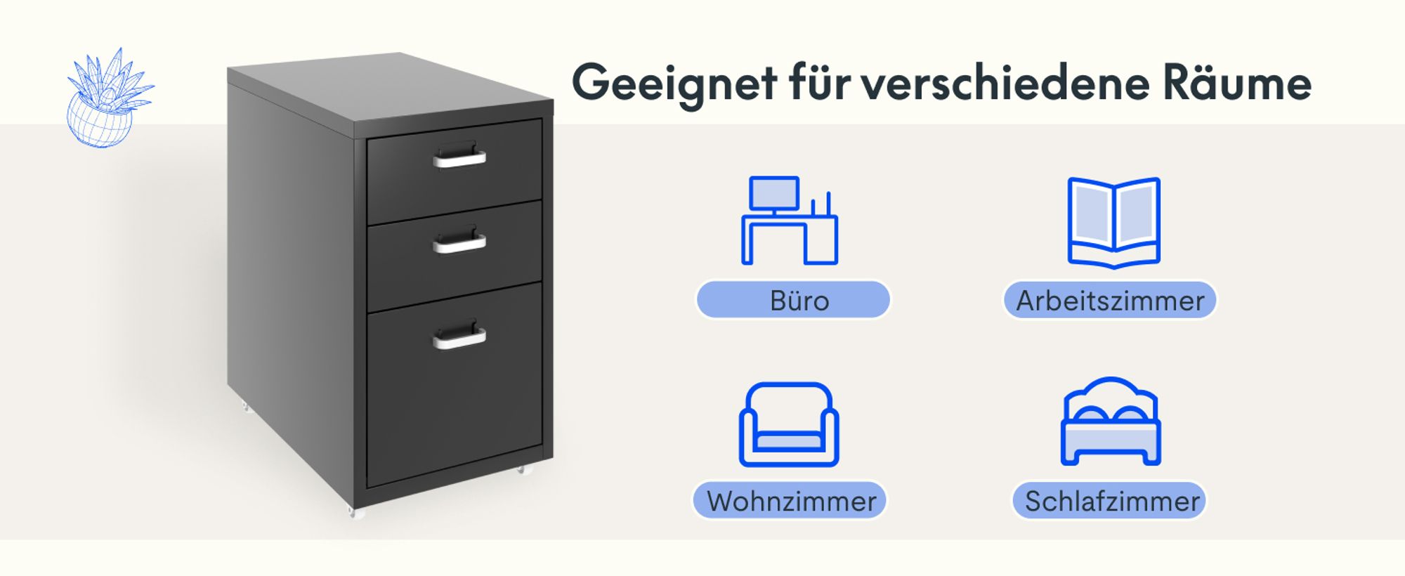 FLEXISPOT Rollcontainer Büroschrank mit 3 Schubladen, Aktenschrank Metallschrank Kommode mit Rädern, Unterschrank für Zuhause und Büro (Schwarz)