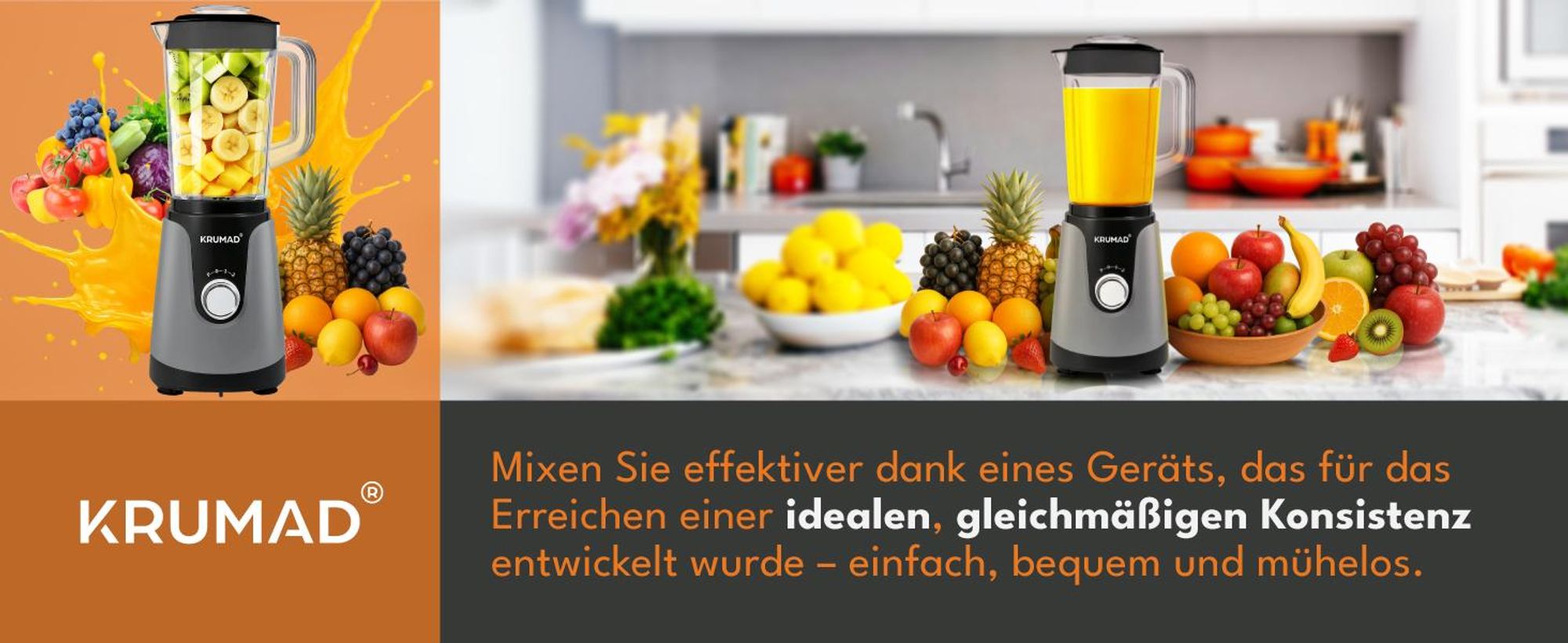 KRUMAD Standmixer 1200W - Hochleistungsmixer mit 1,2L Tritan-Behälter, Edelstahlklingen & Pulsfunktion - Smoothie Maker für Shakes, Suppen