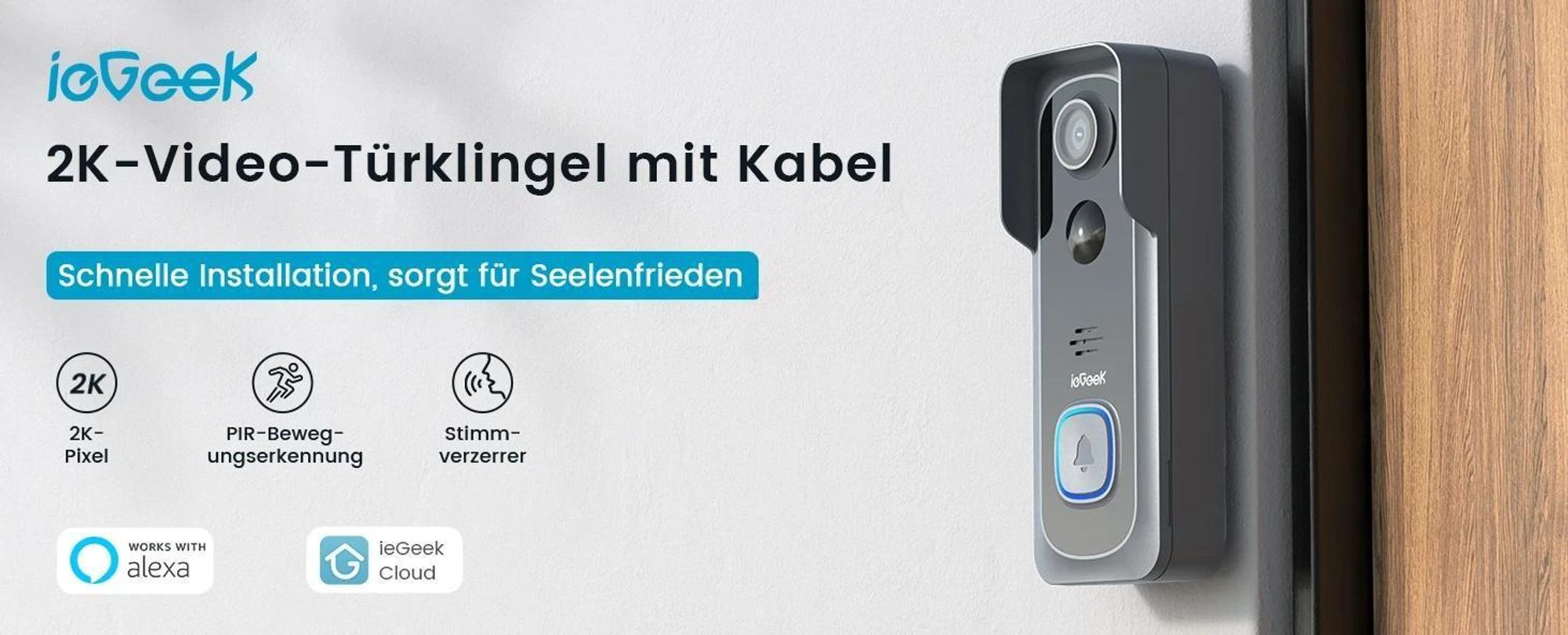 ieGeek 2K Video Türklingel mit Kamera und 64GB SD-Karte, Wlan Funkklingel Wasserfest mit Gong, Klingel Haustür mit PIR Personenerkennung, 166° Blickwinkel, Zwei-Wege-Audio, SD|Cloud-Speicher, IP66