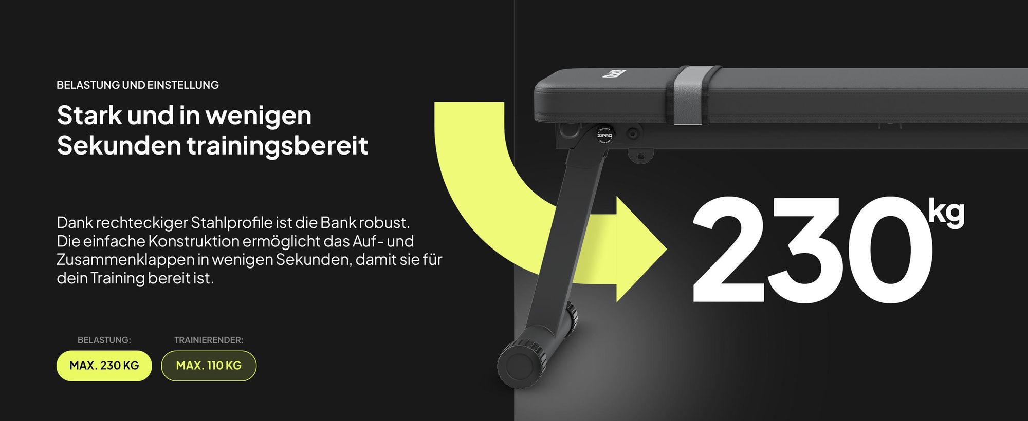Zipro Hantelbank Flach Plank – Klappbare Fitnessbank für Zuhause Ultra-Kompakt mit Tragegriff Bis 230kg Belastbar Trainingsbank für Kurzhanteln & Hip
