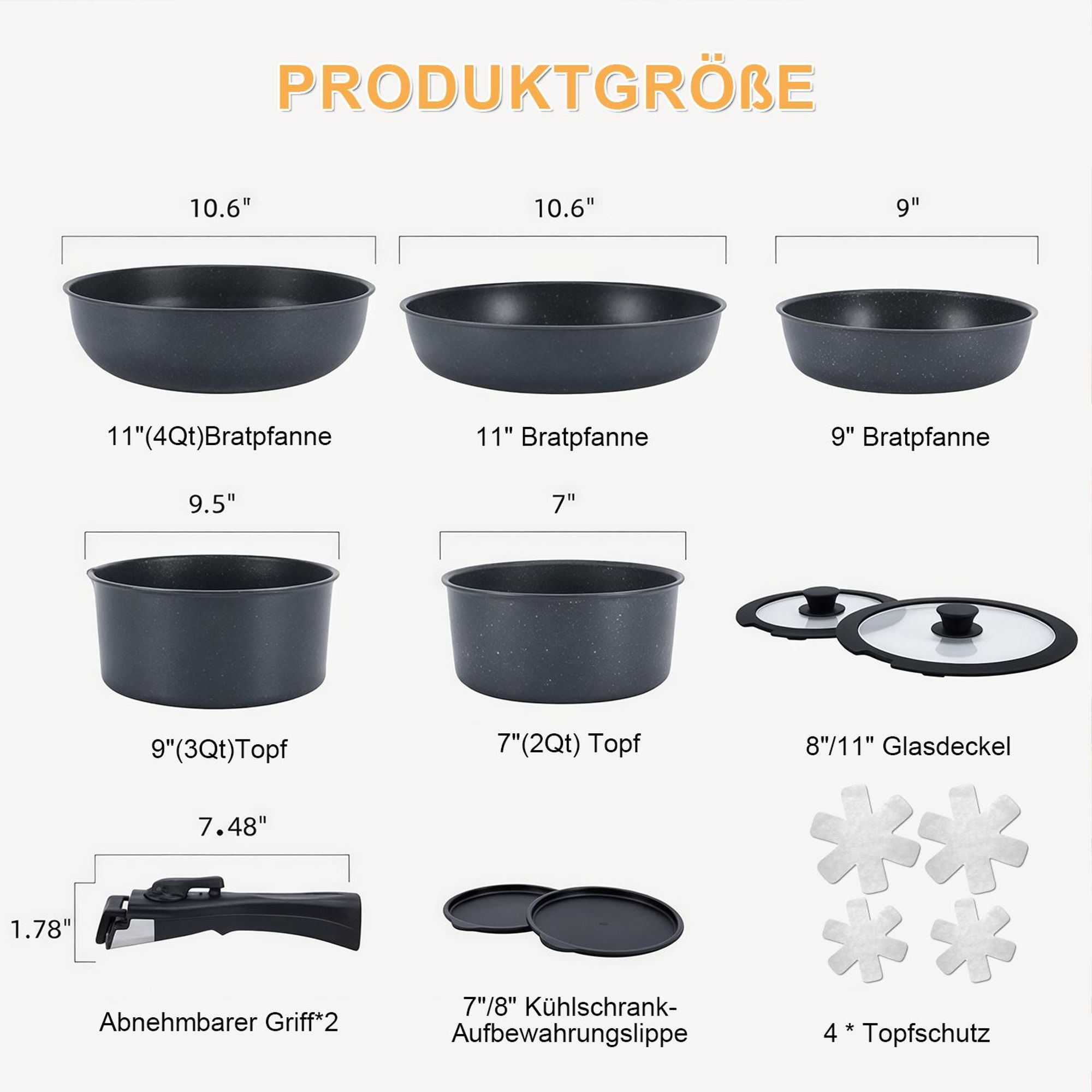 15-Teiliges Topfset mit abnehmbaren Griffen, Pfannenset Kochtopfset Antihaftbeschichtet, Induktion geeignet mit Deckeln, Ofenfest & Spülmaschinenfest