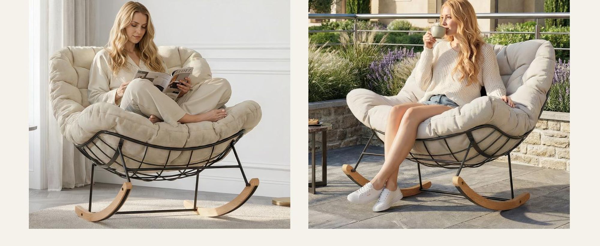 FLEXISPOT 2er Set Gartenstühle Schaukelsessel & Loungesessel mit Kissen, stabilem Metallrahmen, ideal für Balkon, Terrasse, Garten & Wohnzimmer, Beige