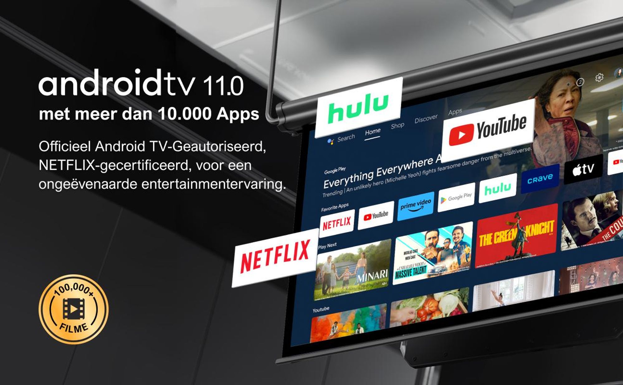 Poseidon E40 beamer, Android TV 11.0 met Netflix, Dolby Audio beamer, contrastverhouding 2000:1, resolutie 1920 x 1080 pixels, ergonomisch handvatontwerp, draagbare projector met native 1080P