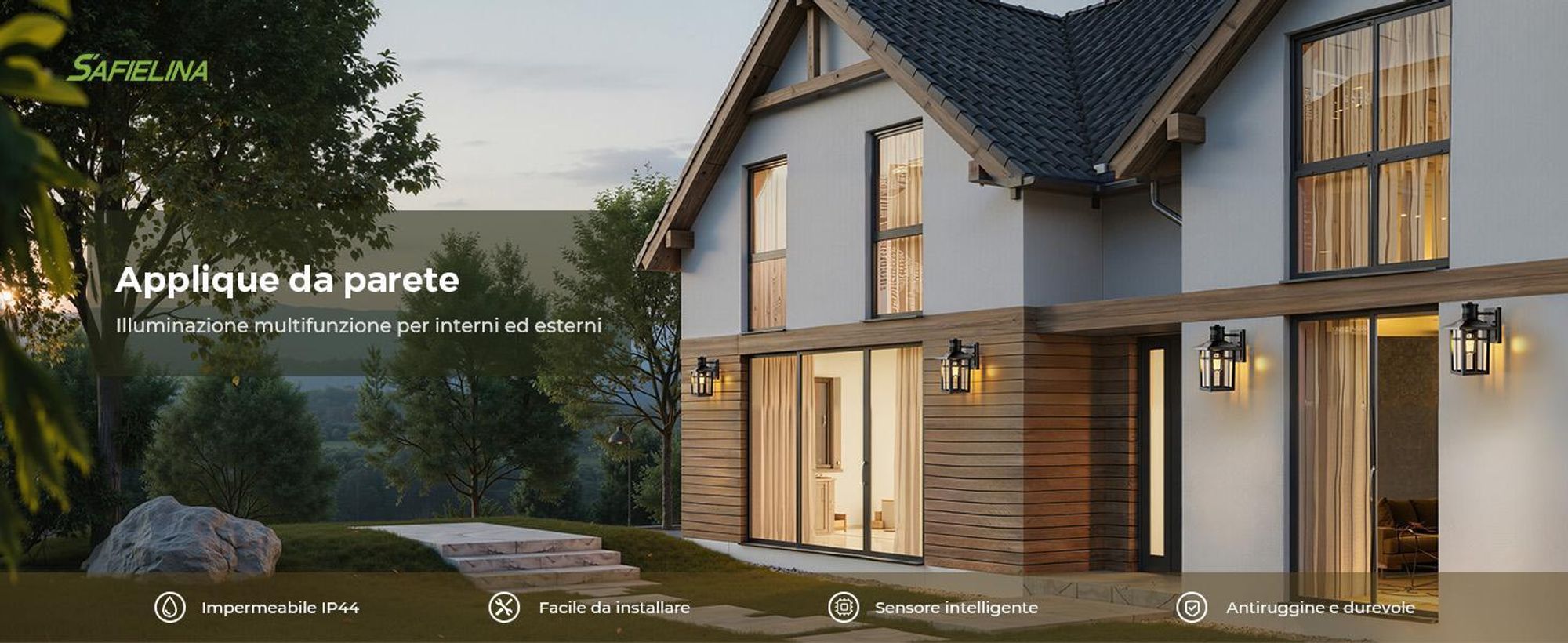 S'AFIELINA lampada da esterno con rilevatore di movimento, lampada da parete E27 per terrazza, parete di casa, luce esterna nera, design vintage, 2 pezzi