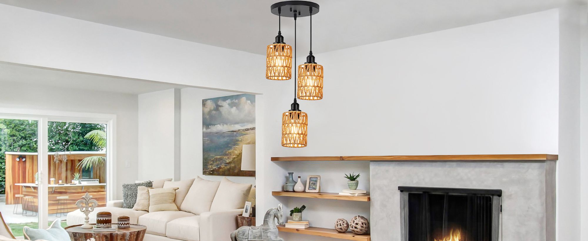 Pendelleuchte Boho Rattan Lampenschirm Hängelampe E27 3 Flammig Hängeleuchte Deckenleuchte für Esszimmer Küche Schlafzimmer Flur