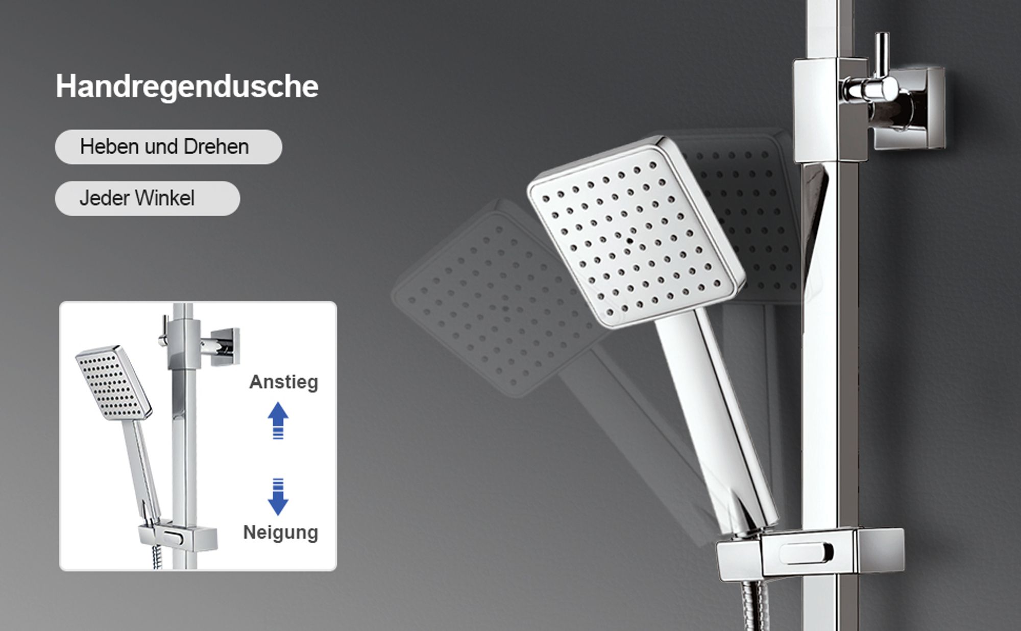 Heilmetz Regendusche Duschsystem mit Thermostat, 30x30cm Edelstahl Duschset, Höhenverstellbar (Chrom/Eckig)