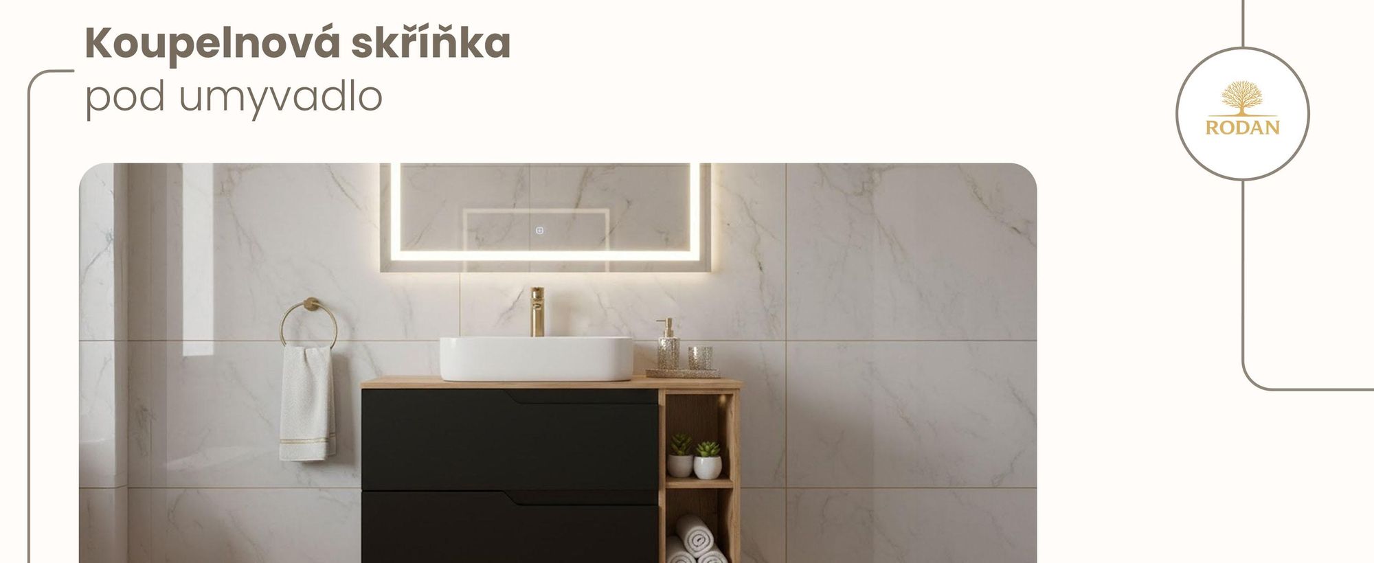 RODAN | Skříňka pod Umyvadlo - Černá a Hnědá - 100 cm - S Deskou Stolu - 2 Zásuvky - Závěsné - S bočním Regálem - MODERN