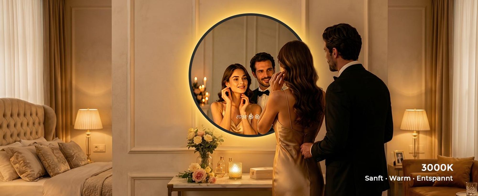 S'AFIELINA Badspiegel mit Beleuchtung Rund 70 cm Diameter,LED Badspiegel mit Touch, Beschlagfrei, Dimmbar, 3 Lichtfarben, Uhr, Temperatur,Schwarzer