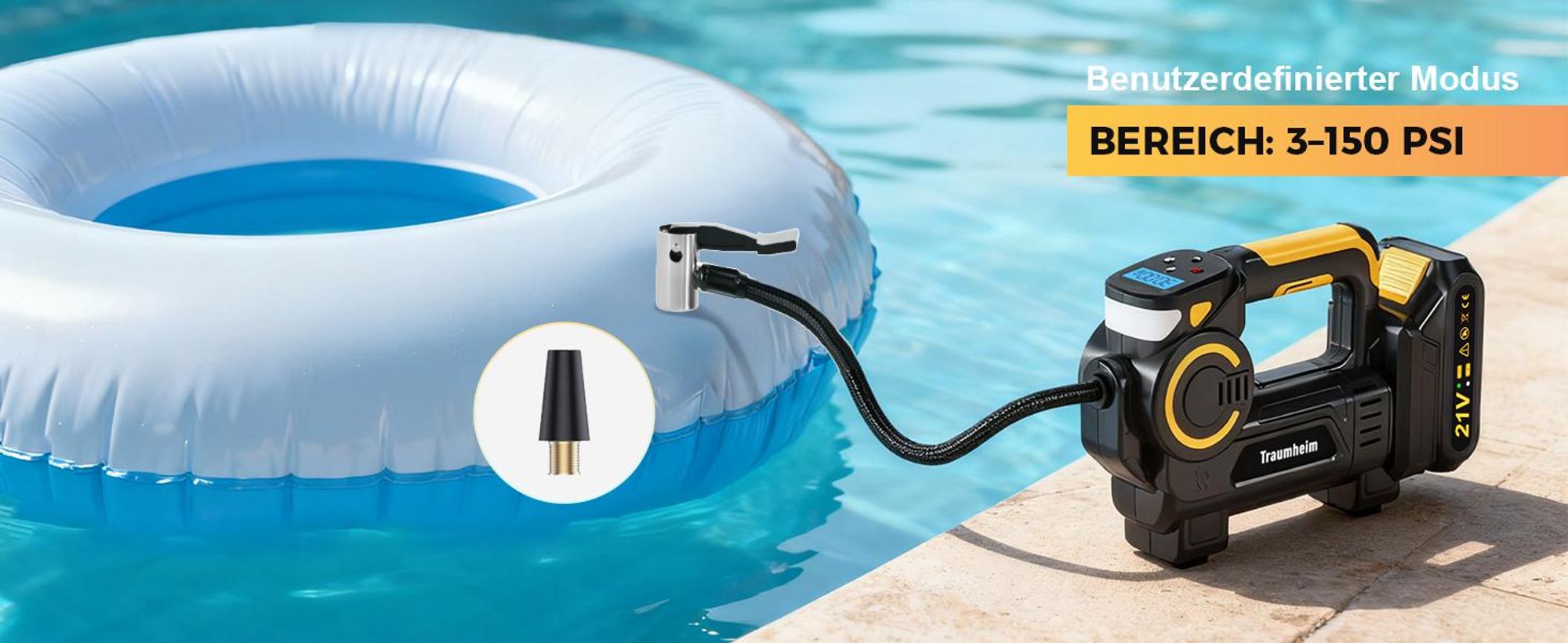 Akku Kompressor 4 in 1: multifunktionale Luftpumpe mit punktgenauer Digitalanzeige & Druckkontrolle, LED-Notleuchte & SOS, mit 1500mAh Akku &Netzkabel