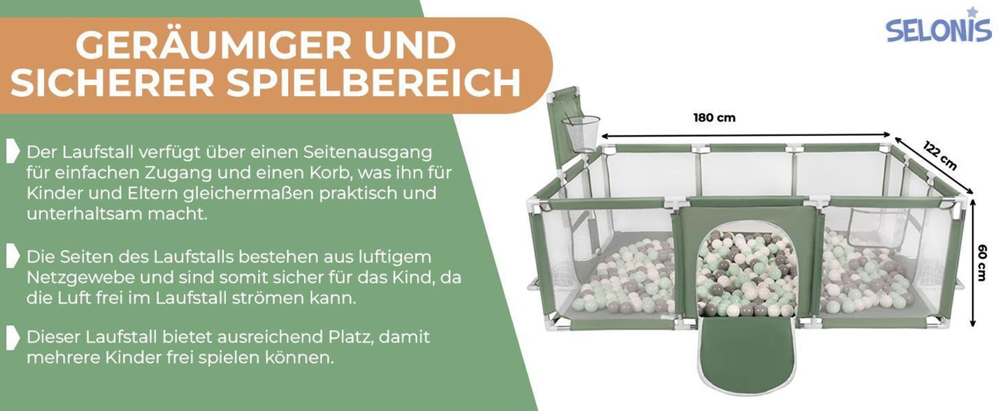 Selonis laufstall baby großer spielplatz mit 100 bälle bälle laufgitter für kinder, grau: weiß/grau/minze
