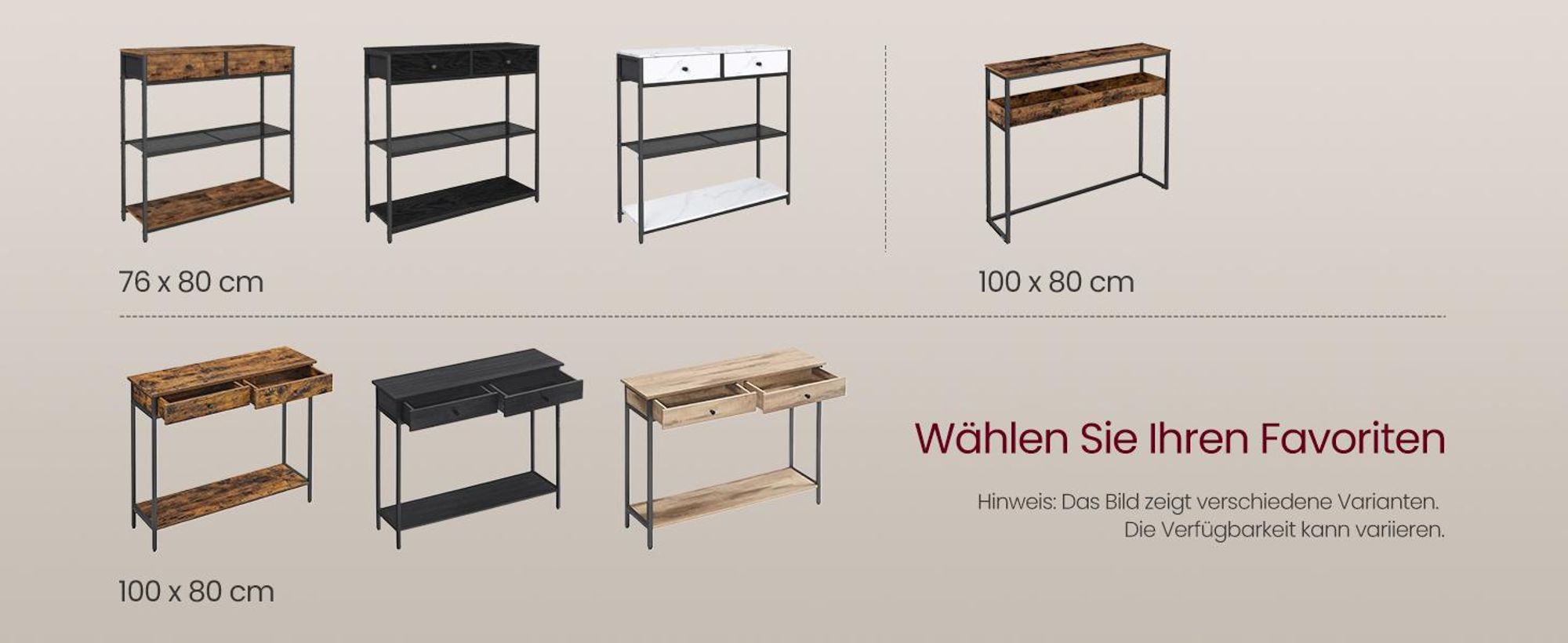 VASAGLE Konsolentisch, Beistelltisch, schmaler Flurtisch, 2 Ebenen mit halboffenen Fächern, 24 x 100 x 80 cm, für Flur, Wohnzimmer