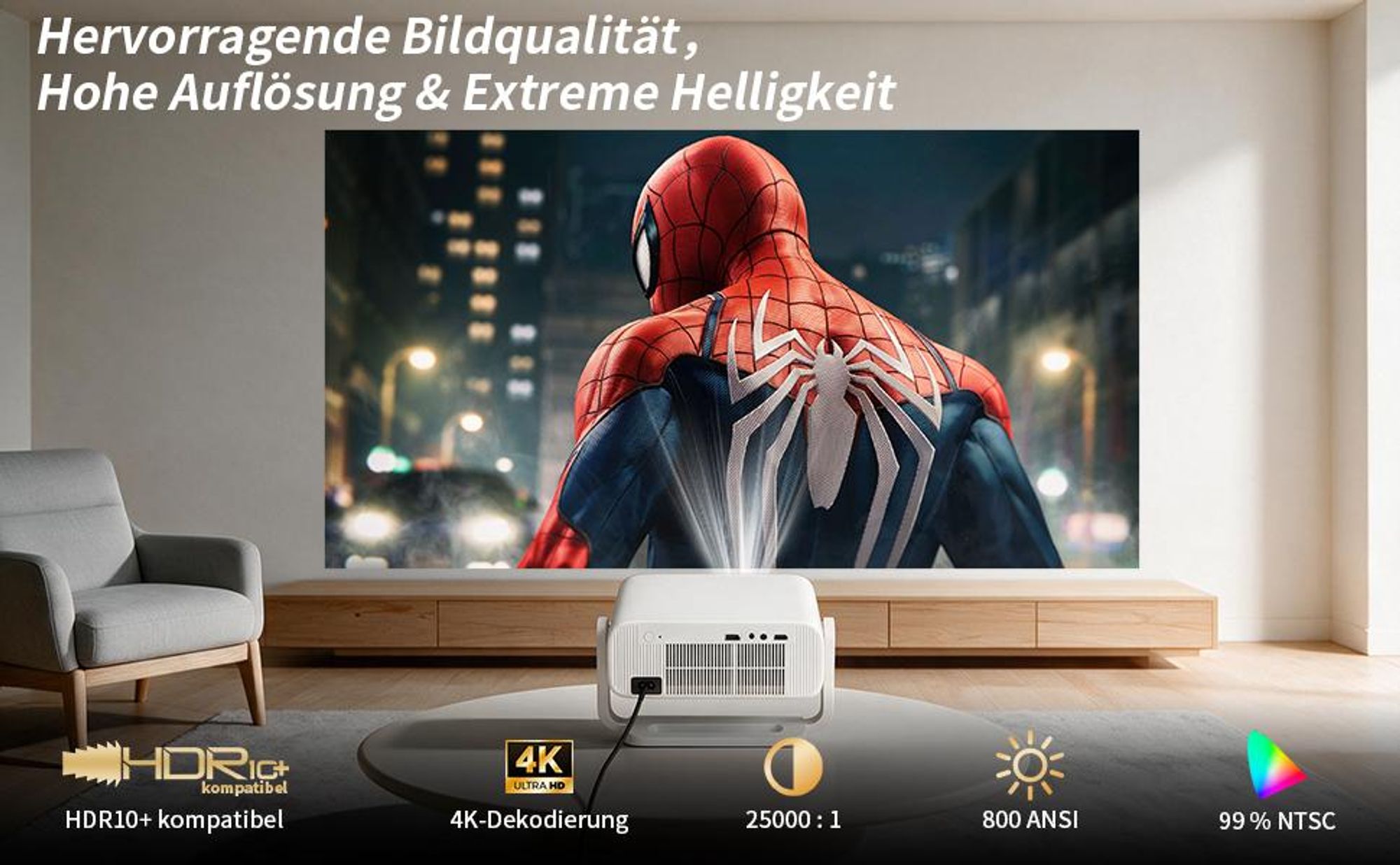 Beamer 4K, offizielle Netflix-, KI-Autofokus & automatische Trapezkorrektur, 800 ANSI, 1080P Full HD, WiFi6 Bluetooth Smart Projektor