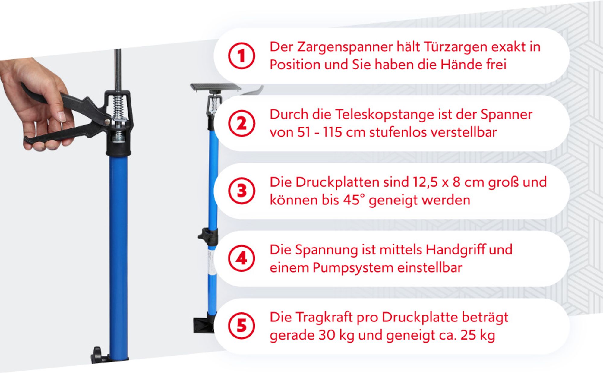 Wiltec Zargenspanner 3er Set, stufenlos 51-113,05 cm mit max. 30 kg Tragkraft, Türzargenspanner mit neigbaren Druckplatten, Montagestütze für Türrahmen, Türzargen