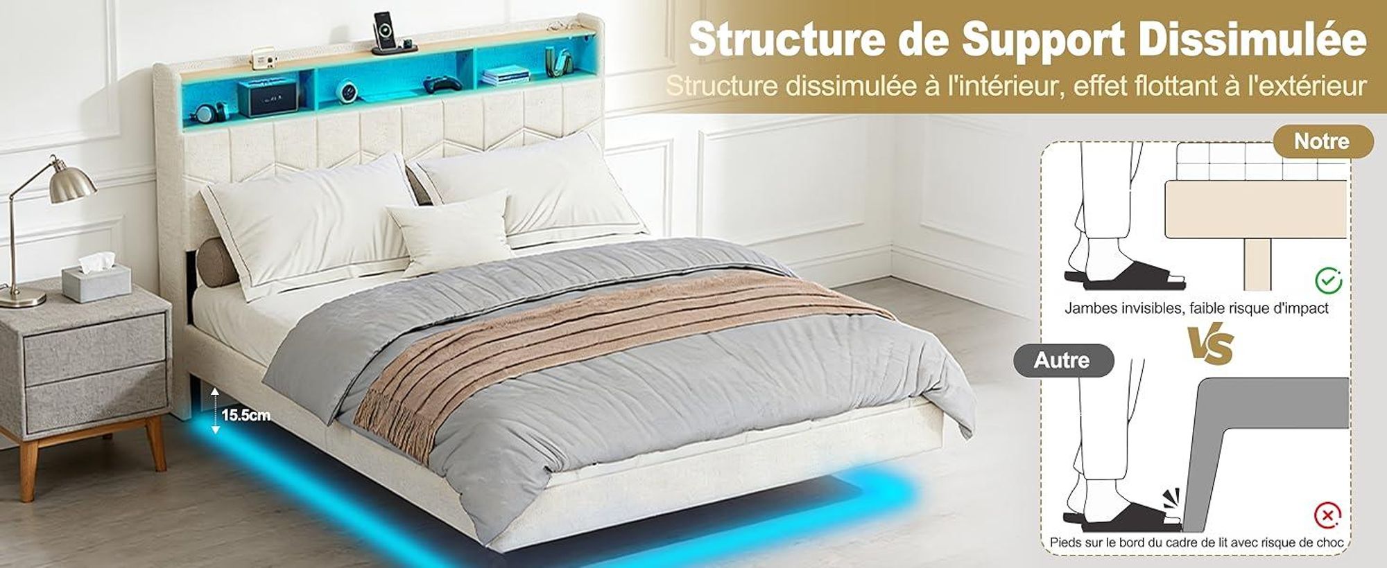 DEWINNER Lit 140x190 avec Sommier | Cadre Flottant | Lit Double avec LED Réglable | Multiprise | Sommier à Lattes | Lin Blanc | Idéal pour Chambre Mod