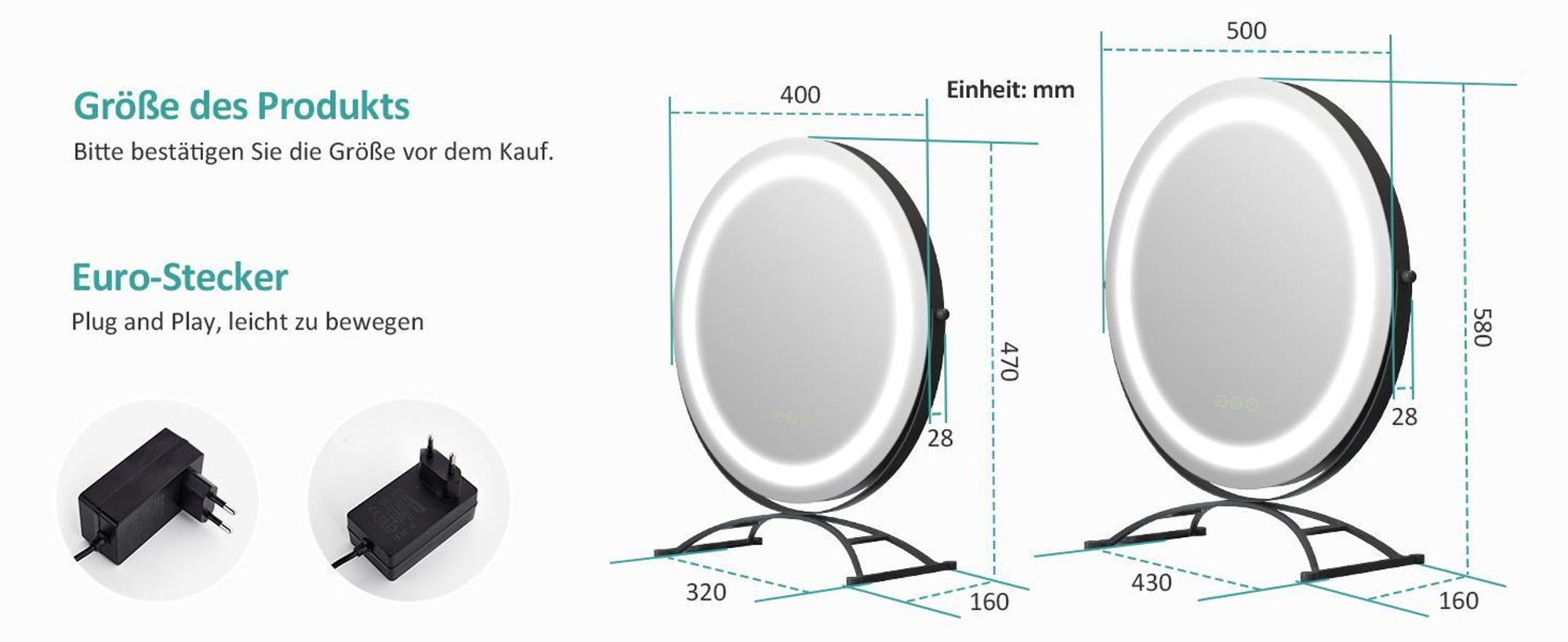 EMKE Schminkspiegel mit Beleuchtung, Hollywood Spiegel mit 3 Lichtfarben, Smart-Touch-Steuerung Schminktisch Spiegel mit Licht 360° drehbar, Einstellbare Helligkeit und Memory-Funktion (Φ400mm, Schwarz)