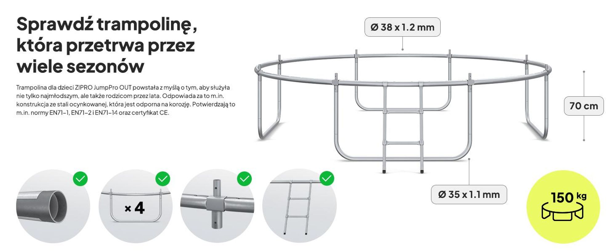 Trampolina ZIPRO Jump Pro Premium | 10FT Ø 312 cm | Trampolina ogrodowa Trampolina dla dzieci Kompletny zestaw z siatką, drabinką i osłoną brzegową, do użytku na zewnątrz, zielona