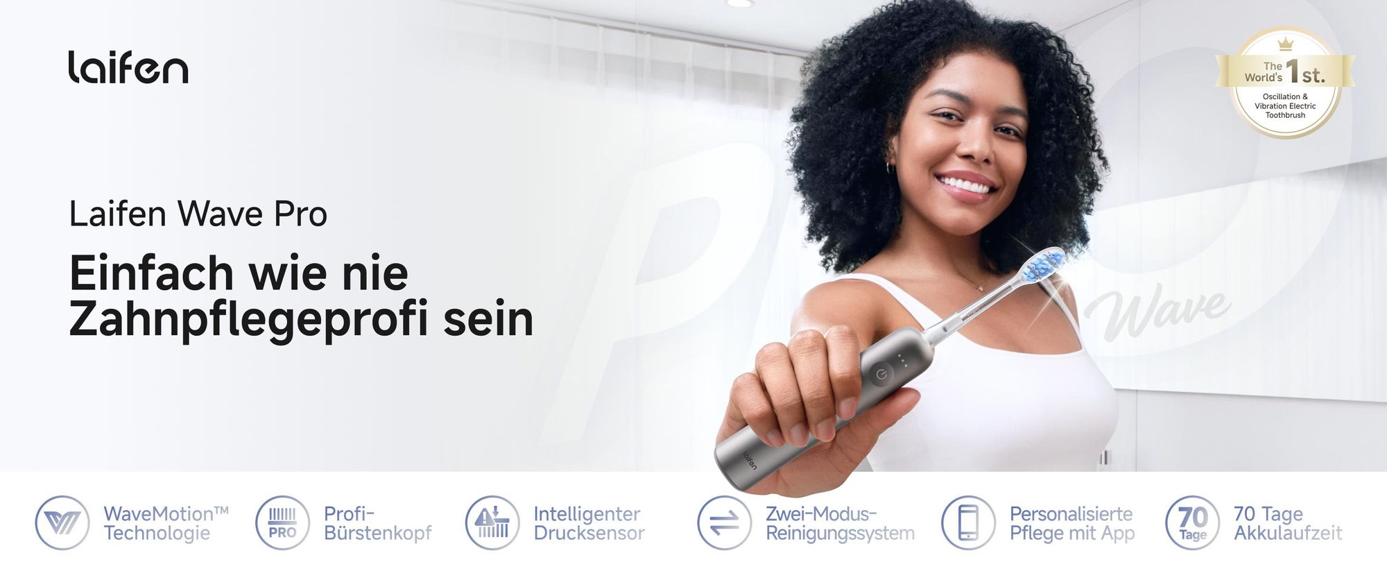 Laifen Wave Pro elektrische Zahnbürste – Aluminium, WaveMotion, Drucksensor, App-Steuerung, Tiefenreinigung, lange Akkulaufzeit & kabelloses Laden