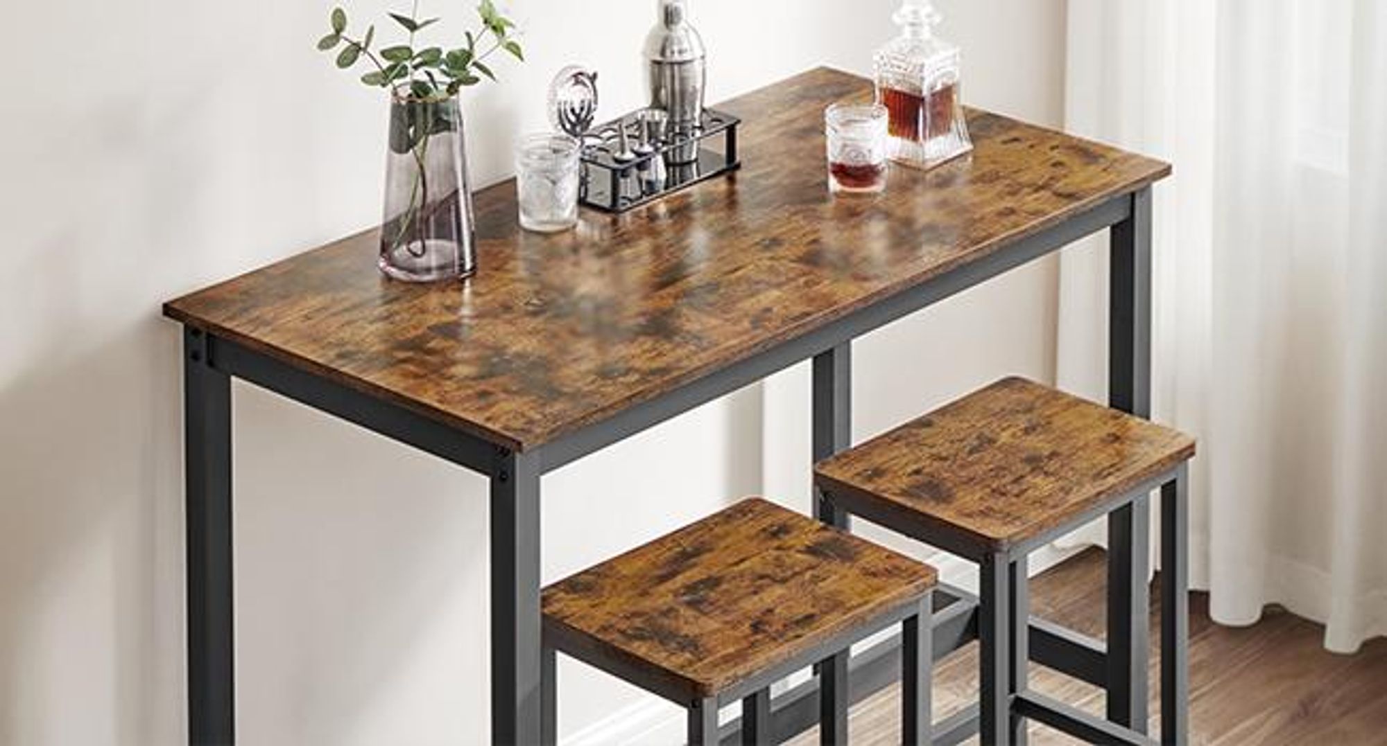 VASAGLE Bartisch Bartisch-Set, Esstisch(120 x 60 x 90 cm) mit 2 Barhochern