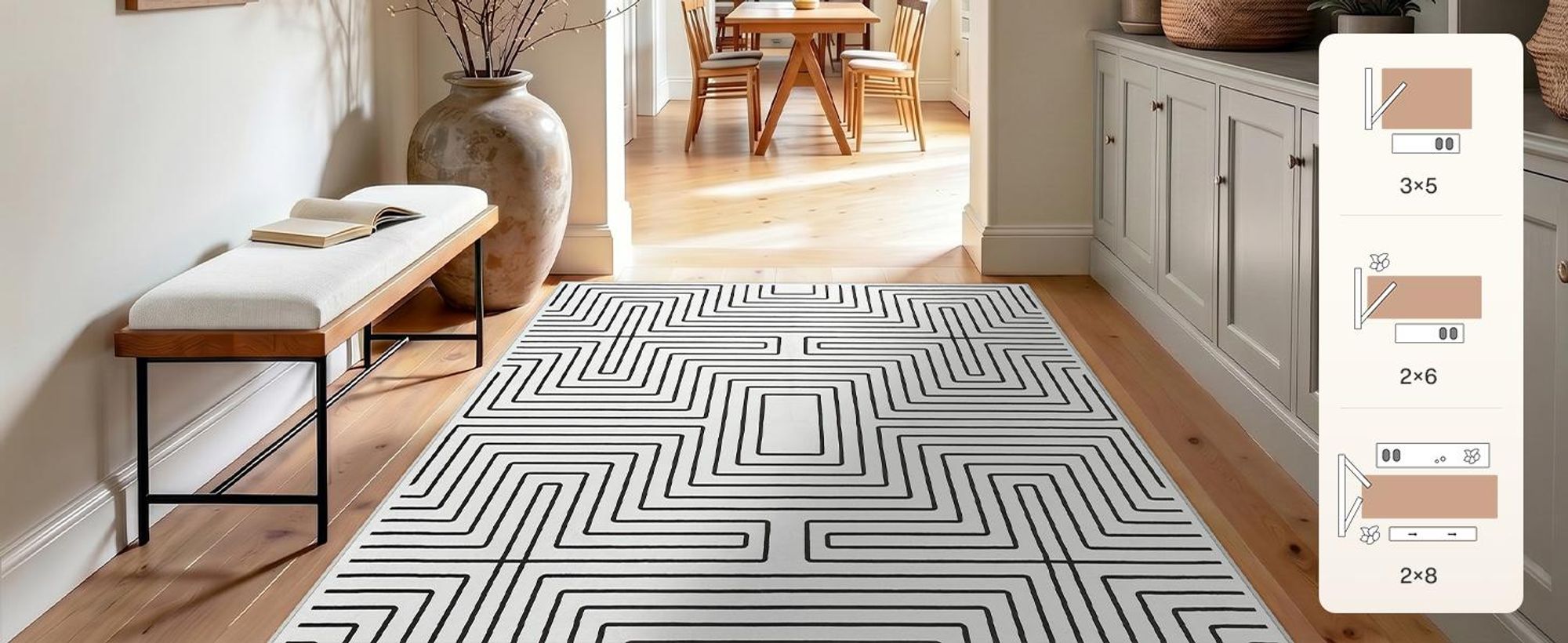 Tribesigns Waschbarer Teppich Wohnzimmer, 200×300 cm Weicher Schwarz-Weiß Abstrakter Schlafzimmerteppich,Geometrischer Flachflorteppich EsszimmerBüro