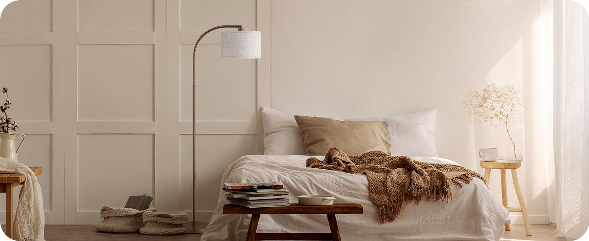 EDISHINE Braun Stehlampe Wohnzimmer mit Verstellem Beigen Leinen-Lampenschirm & Fußschalter, 161cm Bogenlampe, Leselampe mit E27 LED-Glühbirne