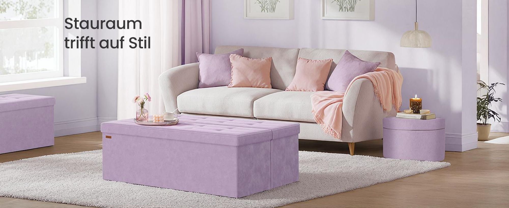 SONGMICS Sitzbank mit Stauraum, klappbare Sitztruhe, 2 extra Aufbewahrungsboxen, 38 x 110 x 38 cm, bis 300 kg belastbar, lavendellila