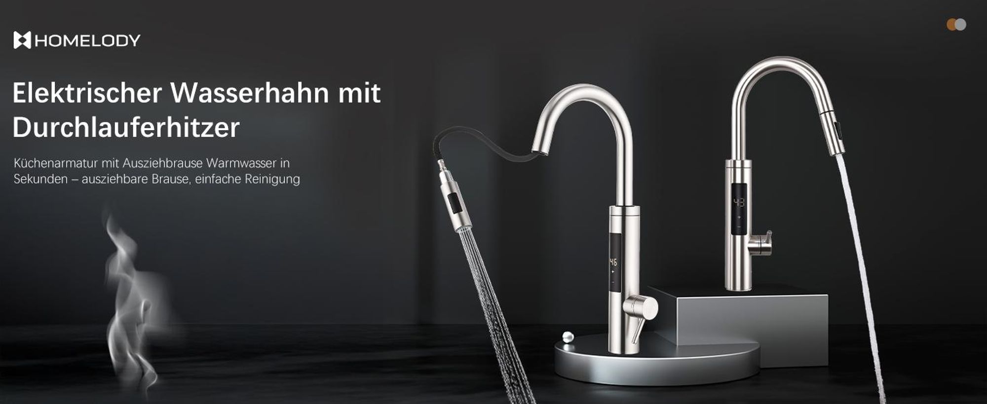 Homelody Elektrischer Wasserhahn mit Durchlauferhitzer 220V 3300W, Armatur Küche Edelstahl mit LED Temperaturanzeige & Brause ausziehbar, 360° Drehbar