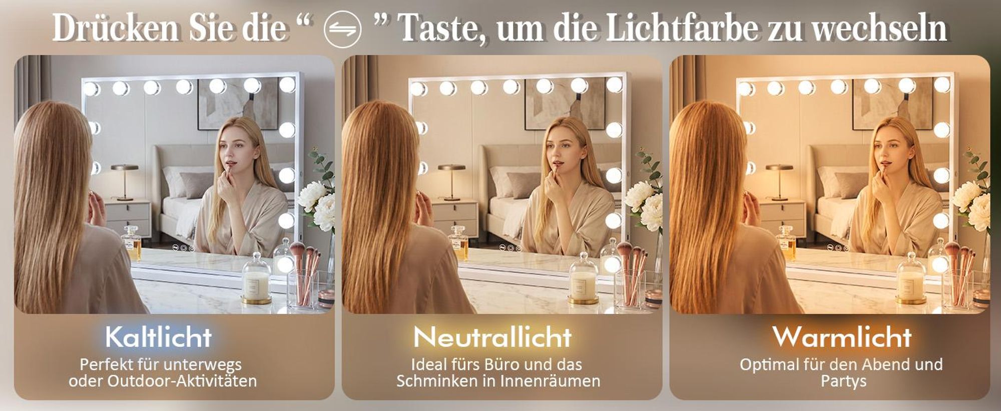 VANITII Hollywood Schminkspiegel 58cm x 46cm mit Beleuchtung 15 Dimmer Leuchten 3 Lichtmodus Kosmetikspiegel für Badzimmer Schminktisch Weiß