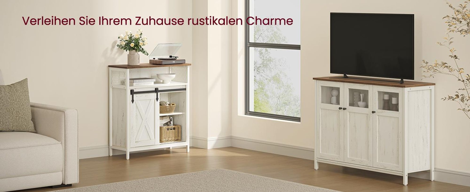 VASAGLE Küchenschrank mit Sichtfenster, Aufbewahrungsschrank im Industrie-Stil, für Esszimmer, Stahlrahmen, braun-weiß