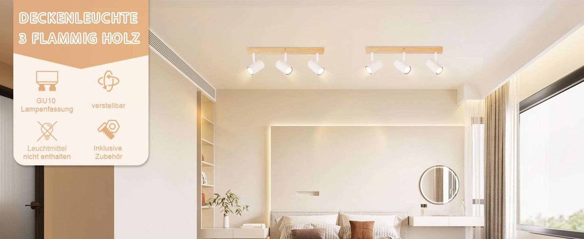 ZMH lampa sufitowa biały reflektor sufitowy 3 płomienie drewniana lampa sufitowa GU10 reflektor sufitowy obrotowy 350° reflektor do salonu sypialnia kuchnia korytarz jadalnia