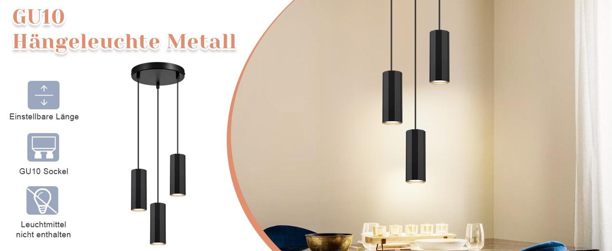 ZMH Hanglamp Modern Rond, 3-lichts, Hanglamp, Pendellamp, GU10, Industrieel design, Metalen hanglamp voor woonkamer, eetkamer, keuken, slaapkamer, zwart