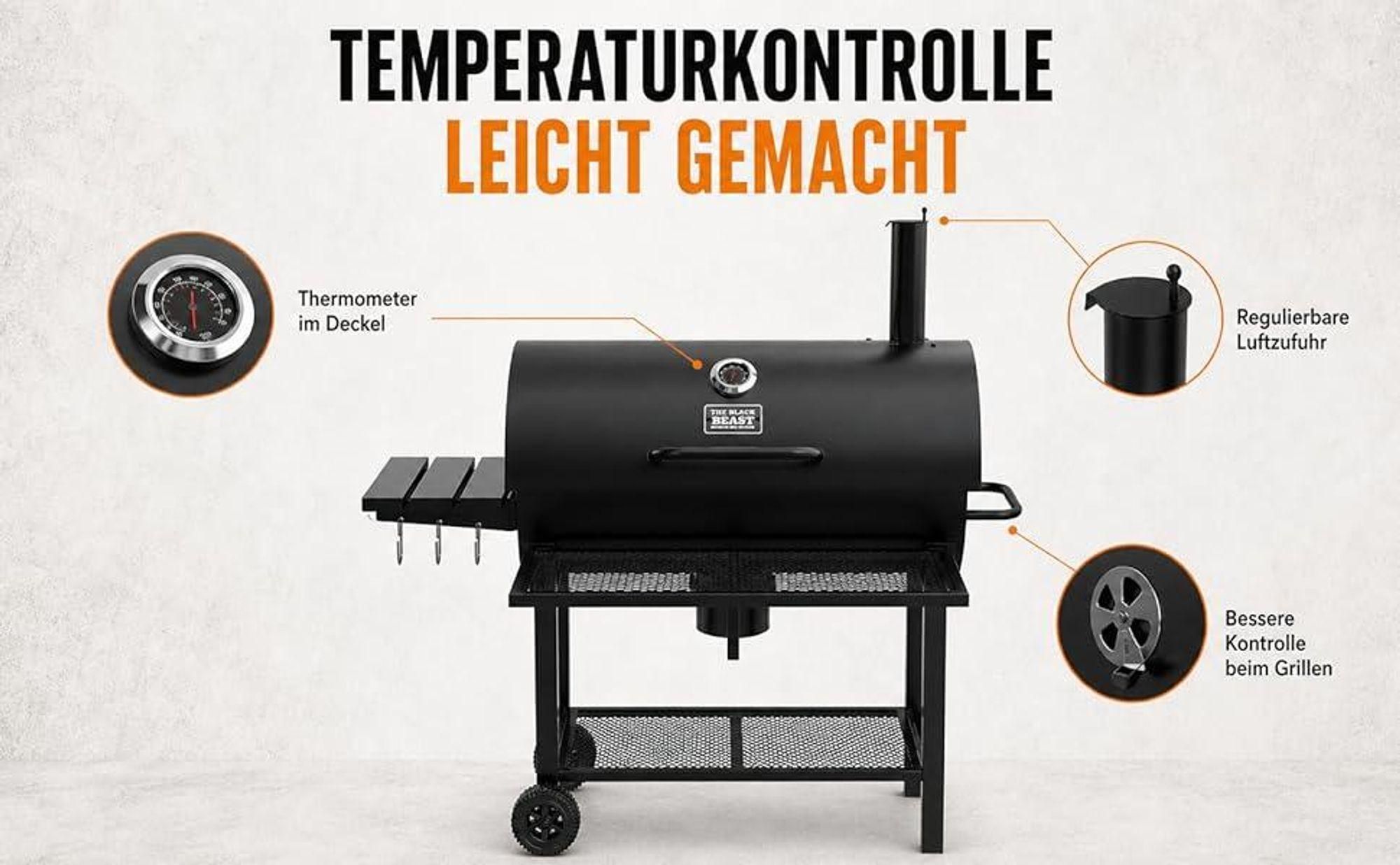 THE BLACK BEAST Holzkohlegrill Grillwagen - Kohlegrill BBQ Smoker mit Deckel, Thermometer und Schorn