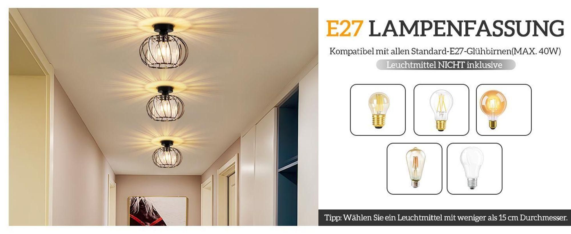 ZMH Deckenleuchte Kristall Deckenlampe 25cm Flur Flurlampe Deck Küchenlampe E27 Metall Schwarz Innen Deckenbeleuchtung für Küche Wohnzimmer Hotel