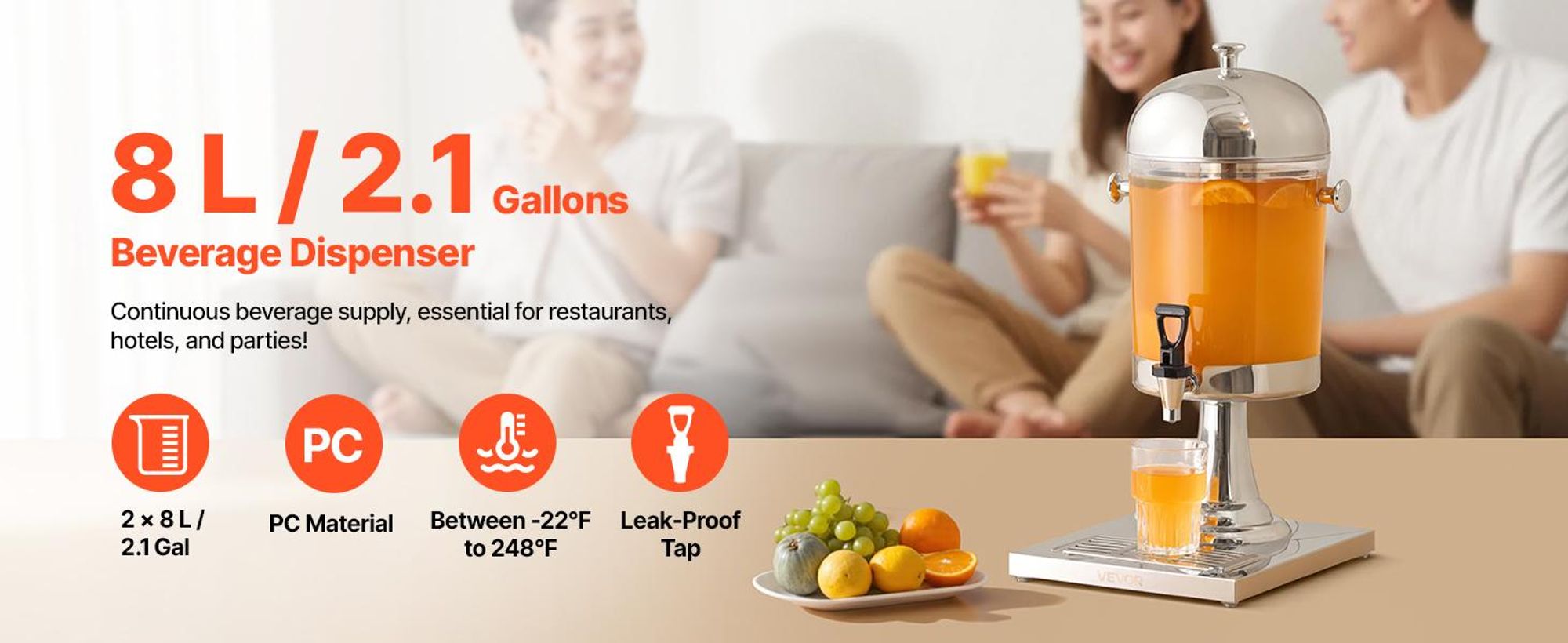 VEVOR Edelstahl Getränkespender, 13L Getränkespender mit Alkoholbrenner, heiße und kalte Getränkespender mit Auslauf für Kaffee, Tee, heißes Wasser, ideal für Restaurants, Hotels, Partys, Einzelner Saftspender
