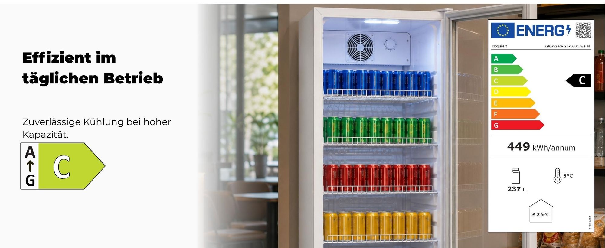 Exquisit Glastürkühlschrank 237 l | für bis zu 71 Flaschen | Energieklasse C | Isolierglastür | Umluftkühlung | LED-Beleuchtung | 6 Gitterablagen | Tü
