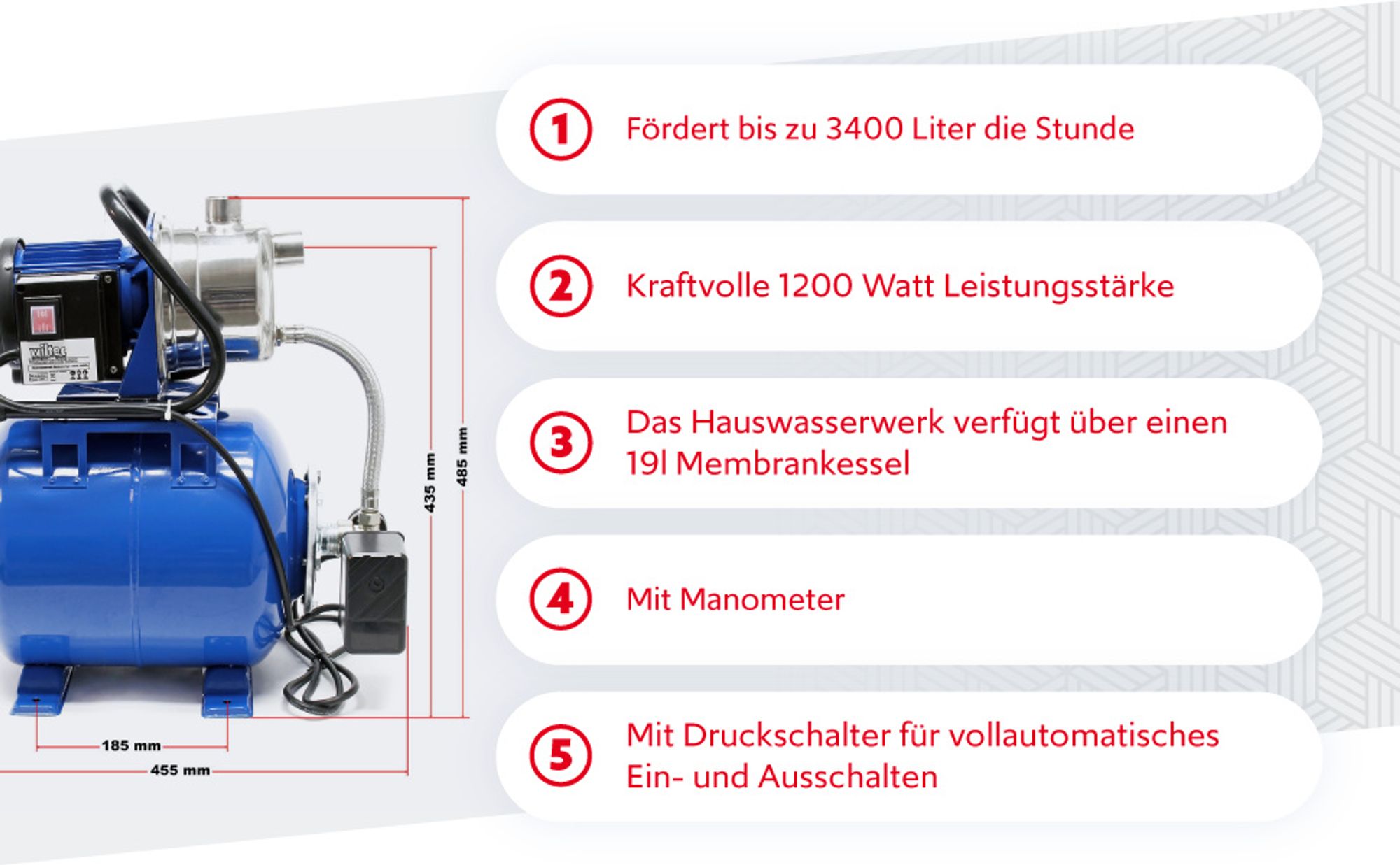 Wiltec Hauswasserwerk 1200W 3400l/h Hauswasserautomat mit Druckschalter und Membrankessel 19l Druckkessel Gartenpumpe Wasserpumpe Brauchwasserpumpe Regenwasserpumpe