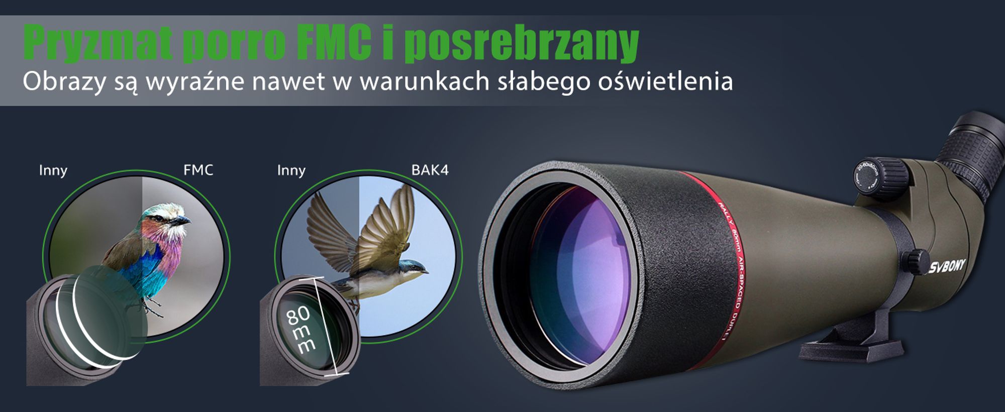 Luneta Svbony SV13 20-60x80 z adapterem do smartfona, wodoodporna lornetka lornetkowa HD z futerałem, teleskop kątowy FMC Optics