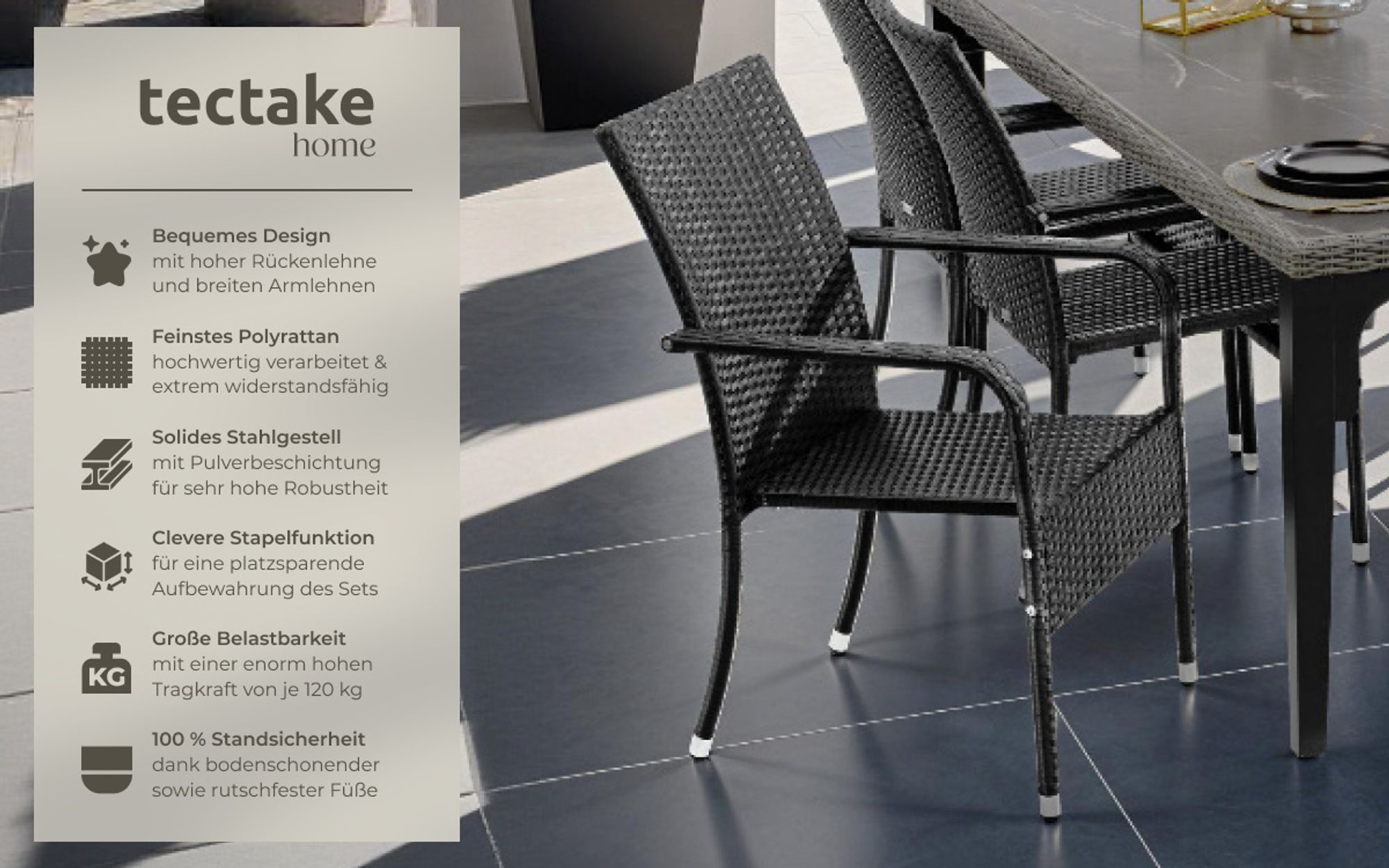 tectake® Rattanstuhl Girona widerstandsfähig 58 x 67 x 90 cm, Belastbarkeit 120 kg