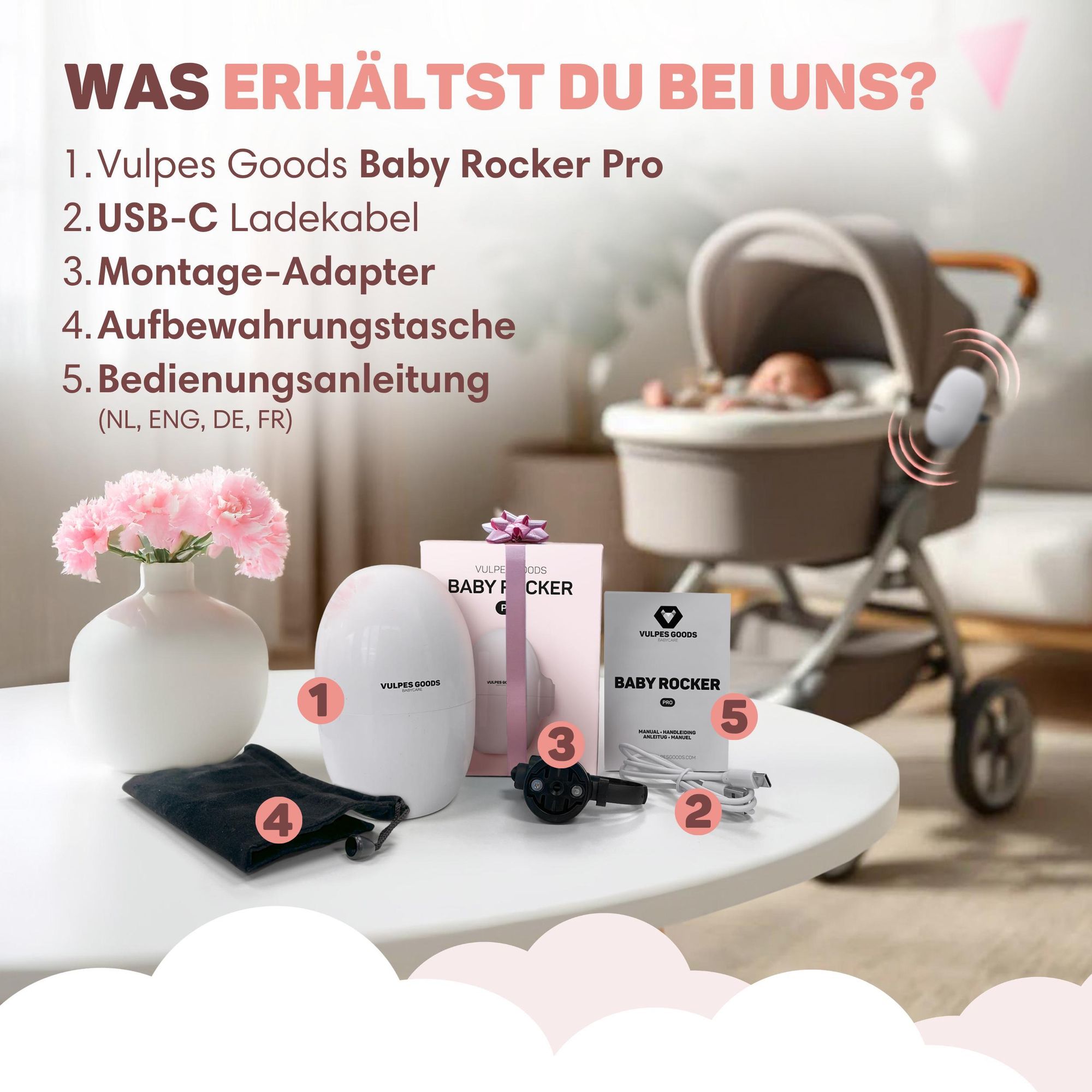 Vulpes Goods Kinderwagenschaukler, Baby-Schaukel für Kinderwagen, Einschlafhilfe für Babys, Automatisches Schaukeln, Inkl. Tragetasche, Weiß