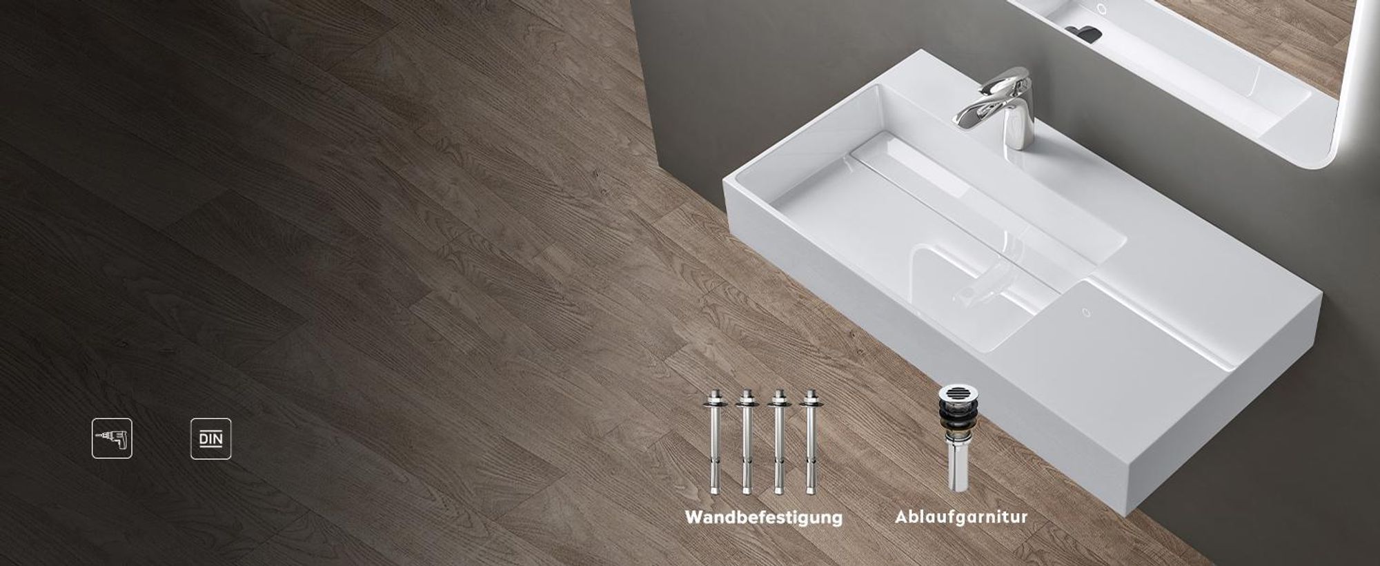 doporro Design Waschbecken 90x48x13 cm mit verstecktem Ablauf in weiß aus Mineralguss als Aufsatzwaschbecken und Hängewaschbecken geeignet col12-R