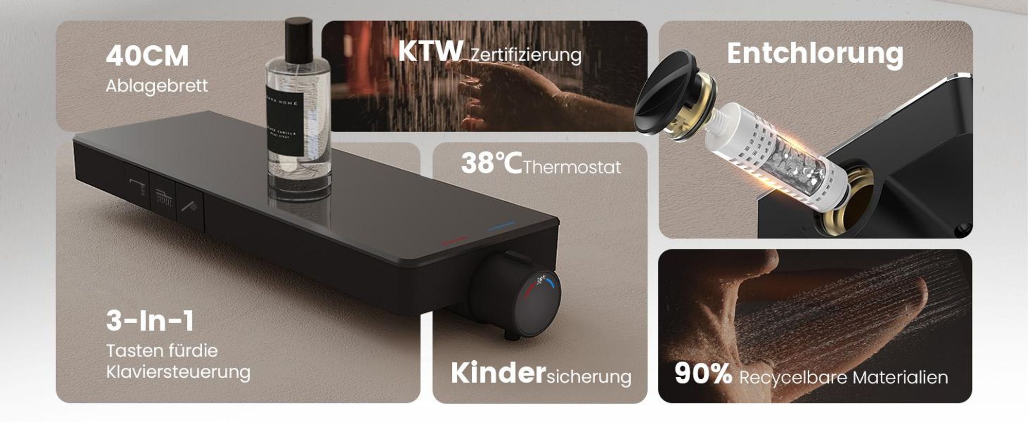 EMKE® Duschsystemmit Thermostat Rund Regendusche mit 40 cm Glasablage, Bad- & Duscharmaturen, Handbrause 3 Strahlarten + Unterer Auslauf Schwarz F22