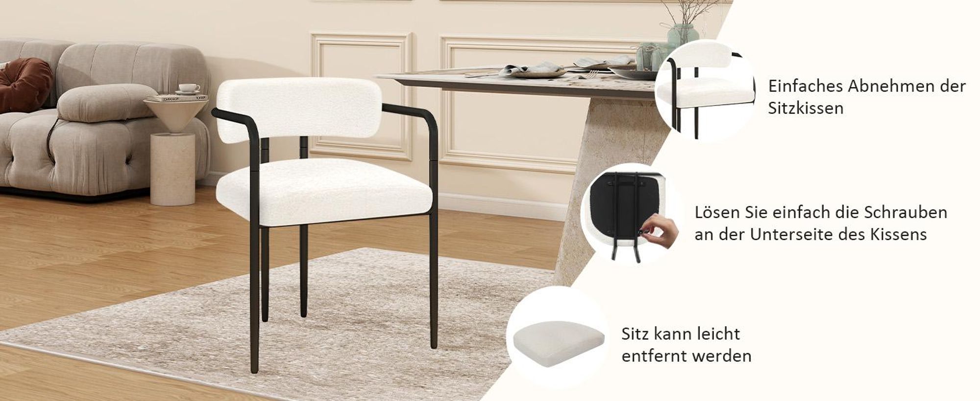 Puluomis Esszimmerstuhl mit Armlehnen 6er Set, Ergonomischer Küchenstühle mit gepolsterten Sitz, Teddyfleece Bezug, 120kg Tragfähigkeit weiß