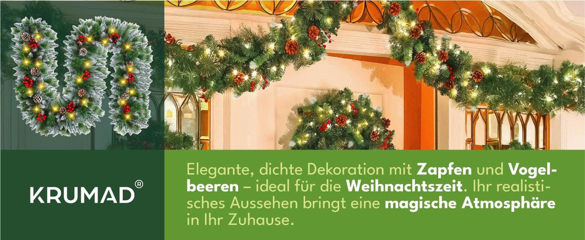 KRUMAD Weihnachtsgirlande 3 m mit LED Beleuchtung – Künstliche Tannengirlande mit Schnee, Zapfen & Beeren – Weihnachtsdeko Innen & Außen – 280 Zweige