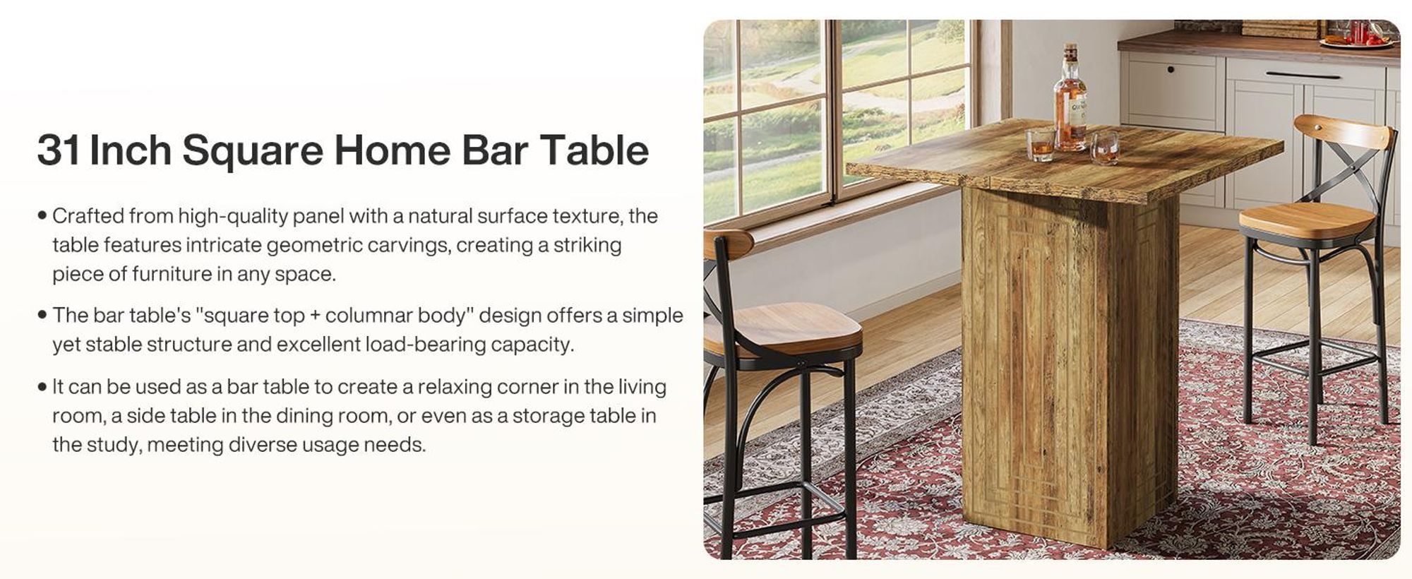Tribesigns quadratischer Bartisch, 79 cm, Holz, Hausbar mit geometrischer Textur, Stehtisch im Landhausstil für Esszimmer, Küche, rustikales Braun
