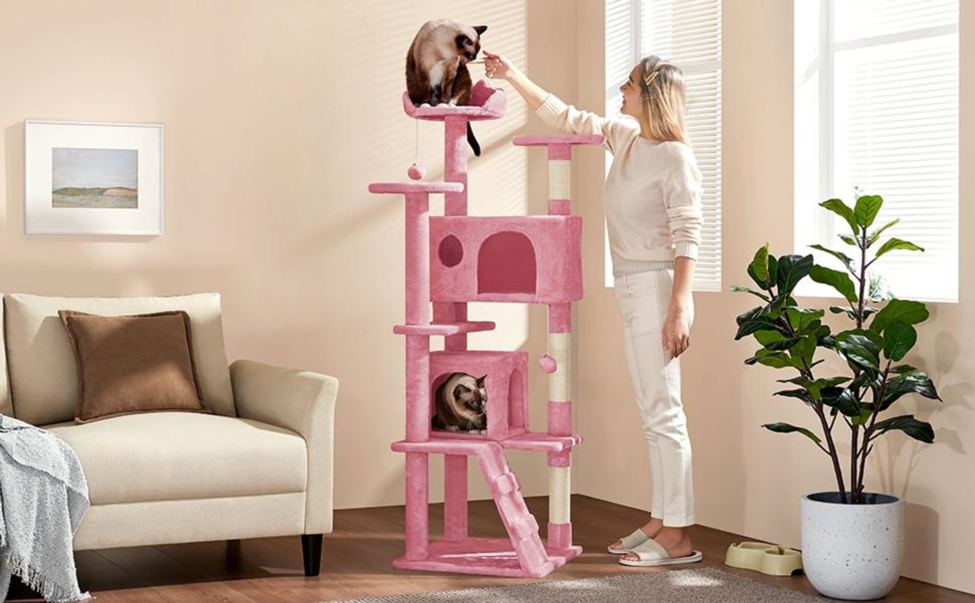 Yaheetech Kratzbaum 158 cm hoch, stabiler Katzenkratzbaum, Katzenbaum Katzenmöbel, Kletterbaum für Katzen, Rosa