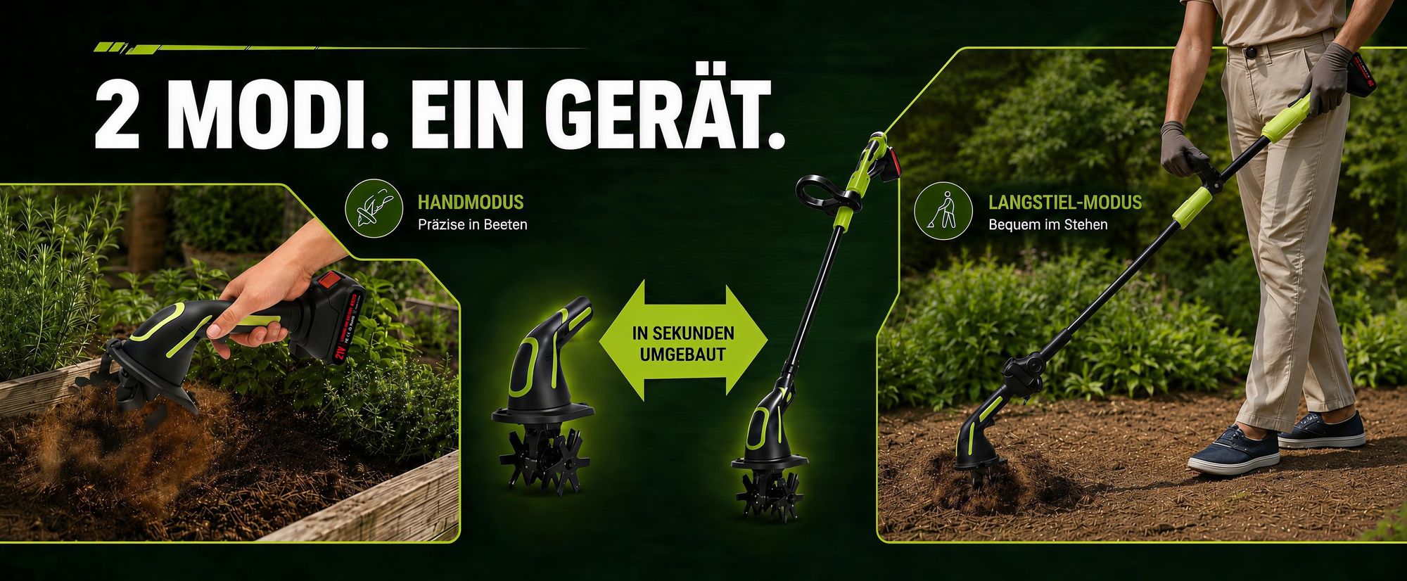 2-in-1 Akku-Bodenfräse, 100mm, elektrische Gartenfräse Mit 2 Stangen, 235 U/min, batteriebetriebener Rototiller für Gartenarbeit, 2 Akku und Ladegerät