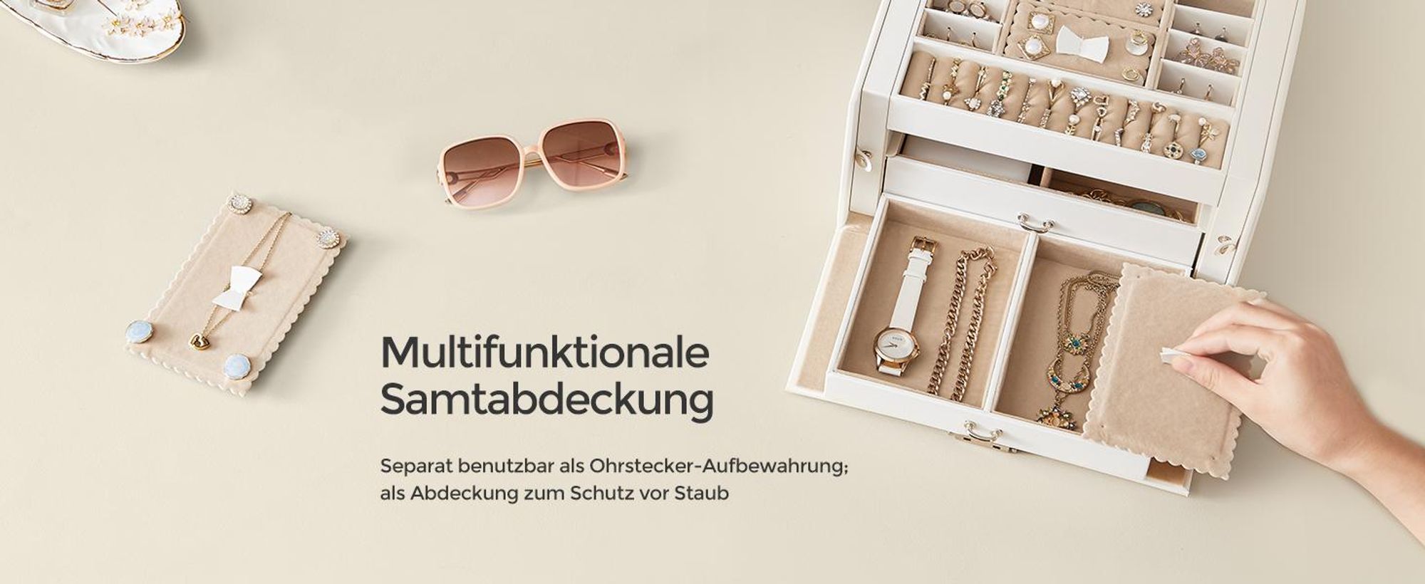 SONGMICS Schmuckkästchen 3 Ebenen, Schmuckschatulle mit 2 Schubladen, abschließbar